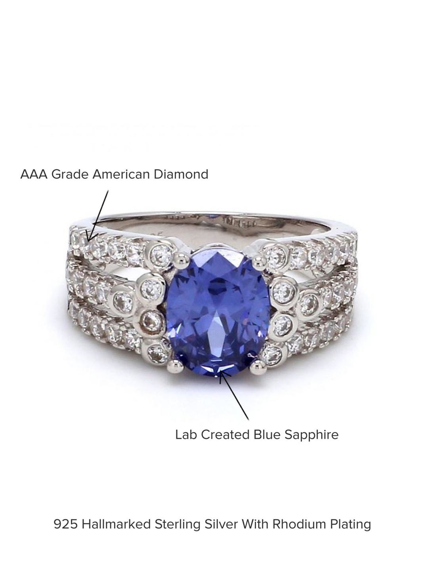 925 Silver Oval Cut Blue Sapphire and American Diamond Multi Row Ring for Women & Girls