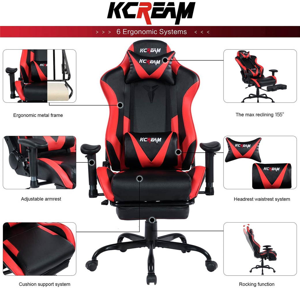 KCREAM PU Leather Swivel Chair Gaming Chair with Footrest Ergonomic Office Chair Headrest Lumbar Support Comfortable Large Size High Back Adjustable Reclining Computer Desk Chair
