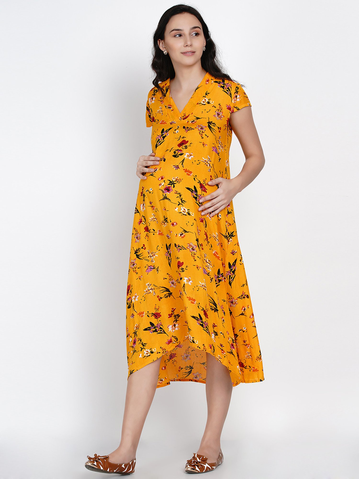 Mine4Nine Yellow Floral Print Maternity Dress