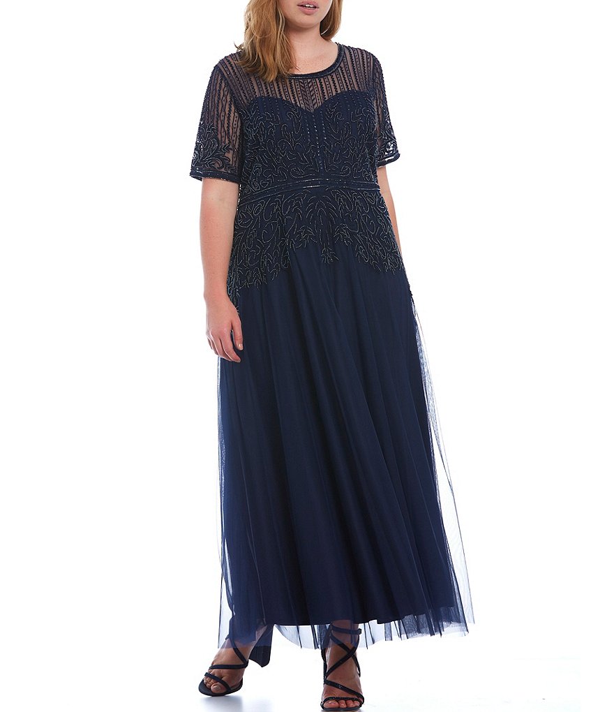 Pisarro Nights Plus Size Short Sleeve Illusion Jewel Neck Beaded Gown