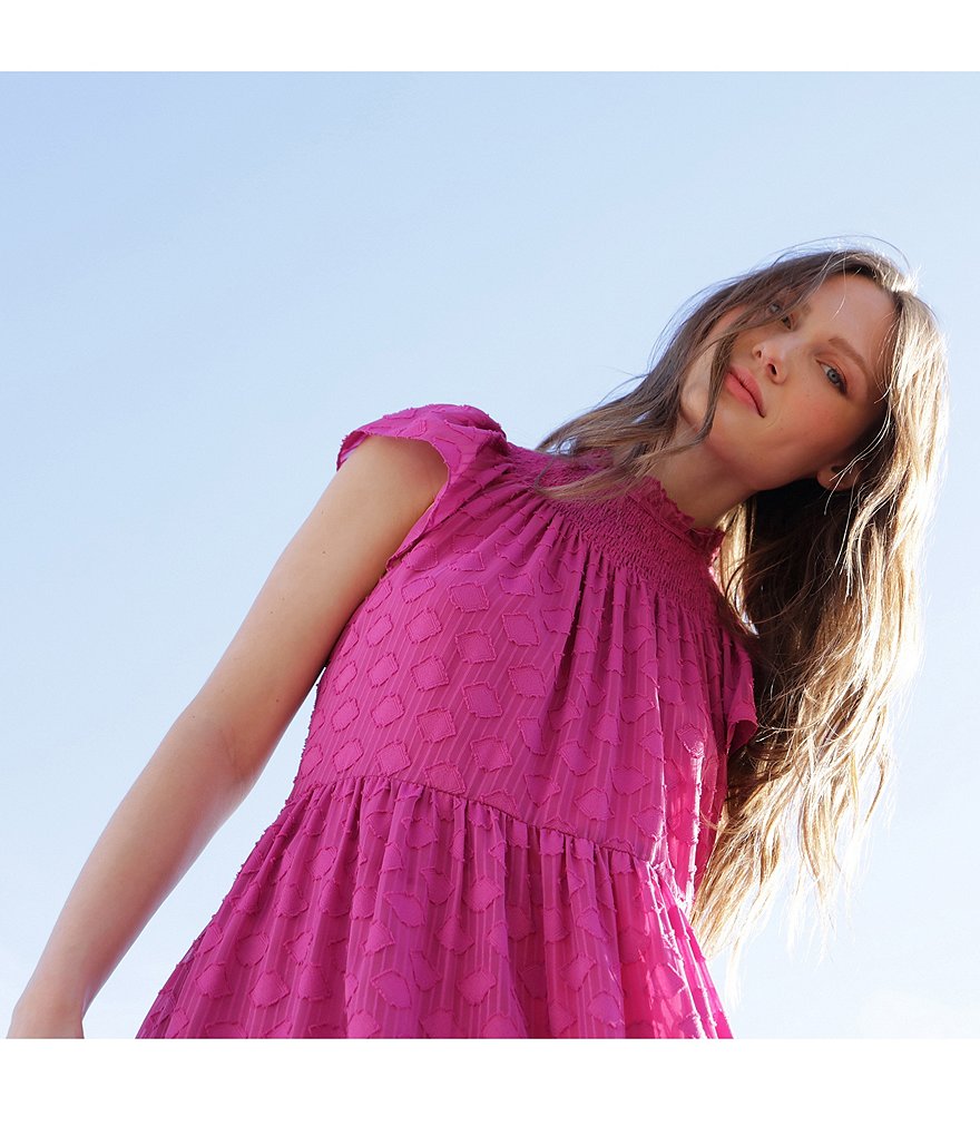 Donna Morgan Smocked Mock Neck Cap Sleeve A-Line Midi Dress