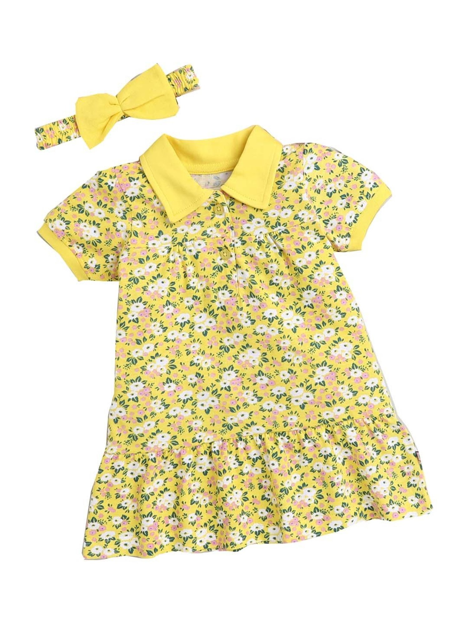 Bumzee Kids Yellow Floral Print Dress with Hairband