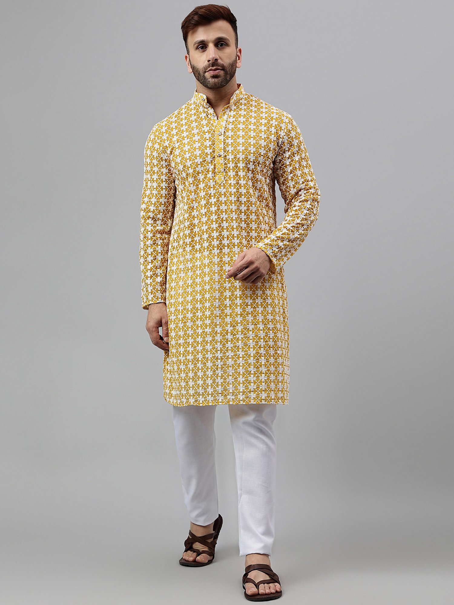 Hangup Mustard & White Regular Fit Embroidered Kurta & Pyjamas Set
