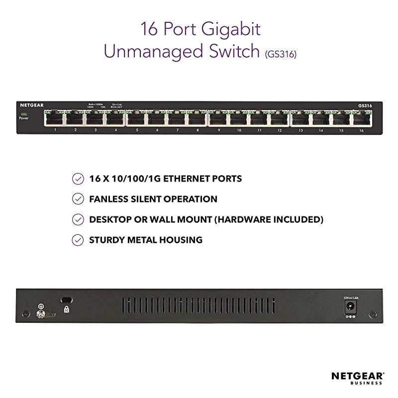16Port Gigabit Ethernet Unmanaged Switch GS316 Desktop Fanless Housing for Quiet Operation