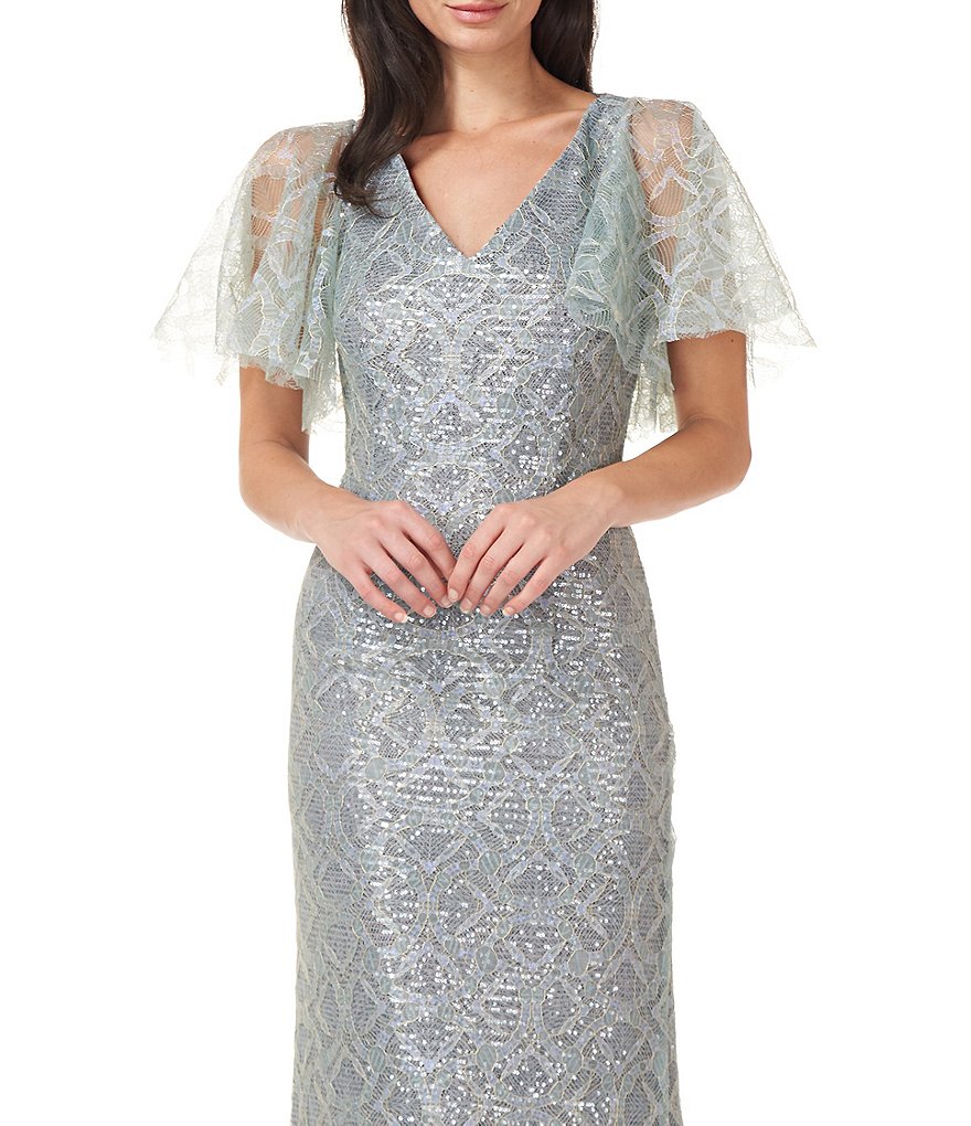 JS Collections Sequin Flutter Short Sleeve Mermaid Gown