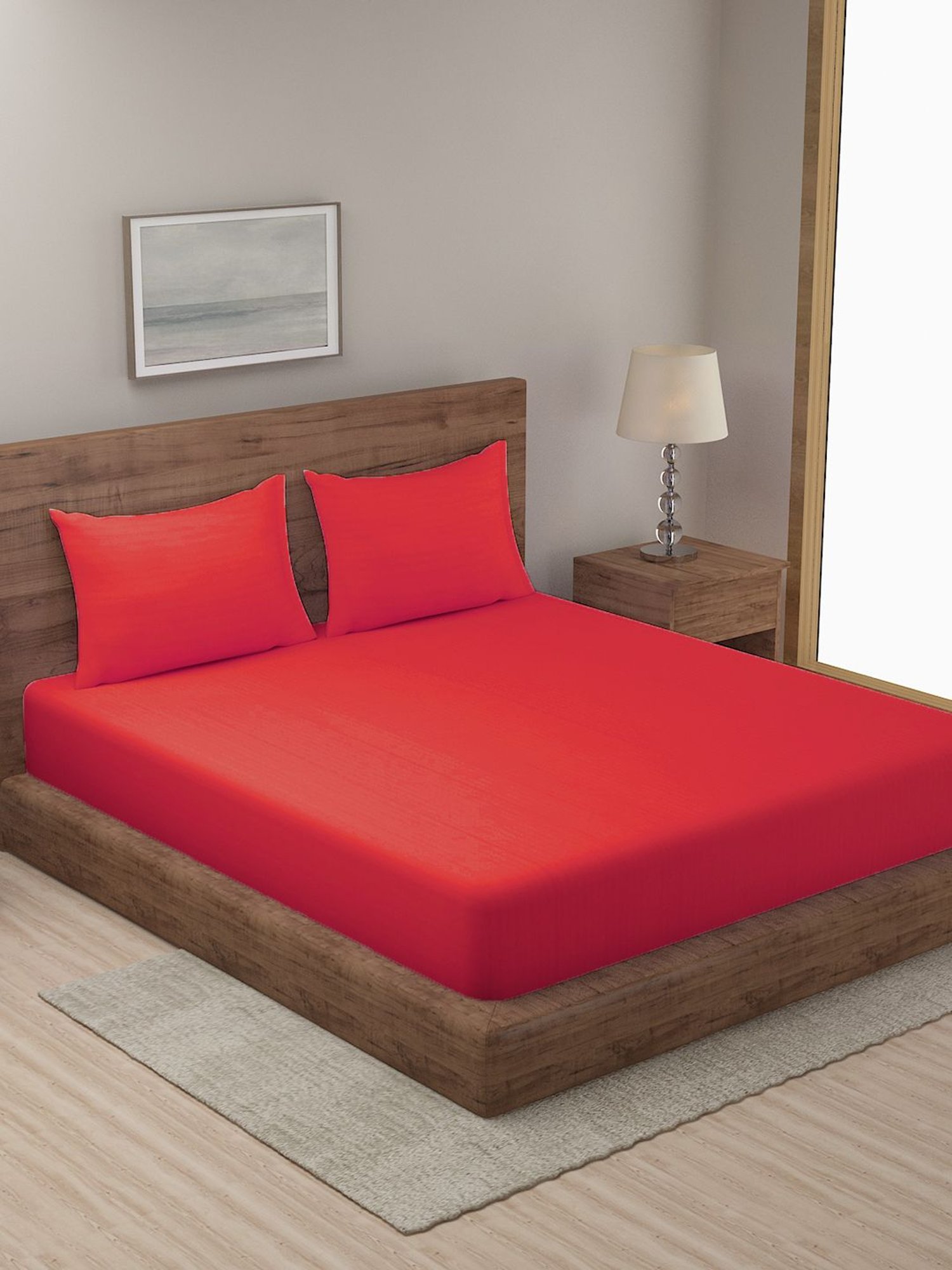 Hosta Homes Stripes Red 280 TC Poly Satin Fitted King Bed Sheet with 2 Pillow Covers