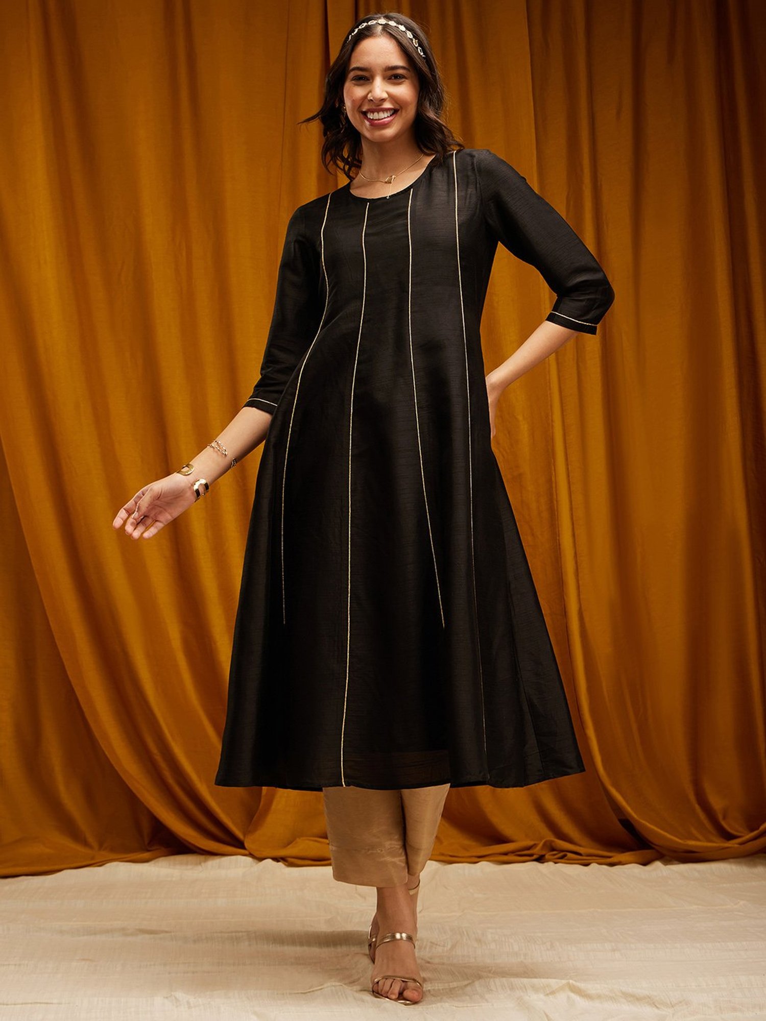 Pink Fort Black Striped Anarkali Kurta