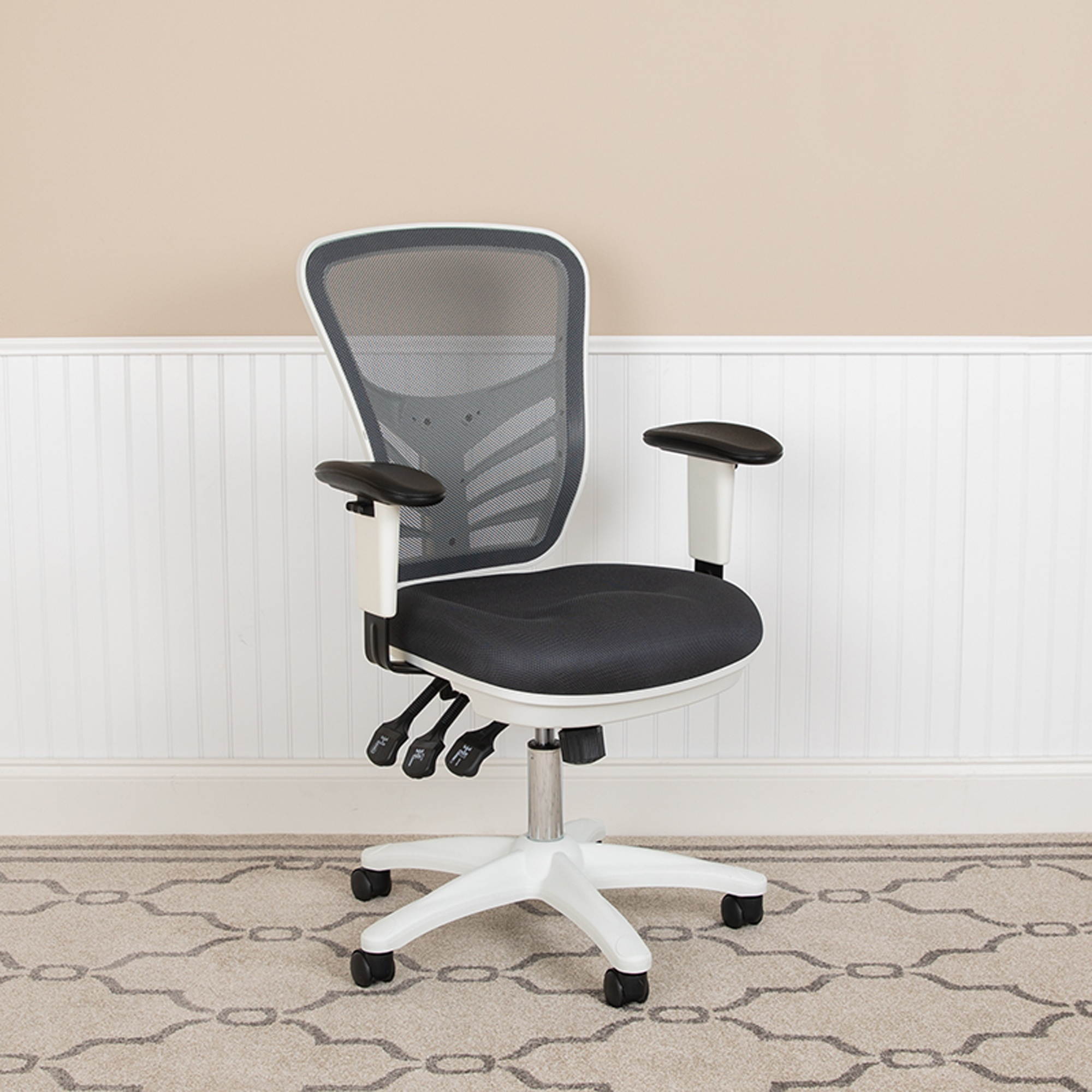 Mid-Back Dark Gray Mesh Multifunction Executive Swivel Ergonomic Office Chair with Adjustable Arms and White Frame