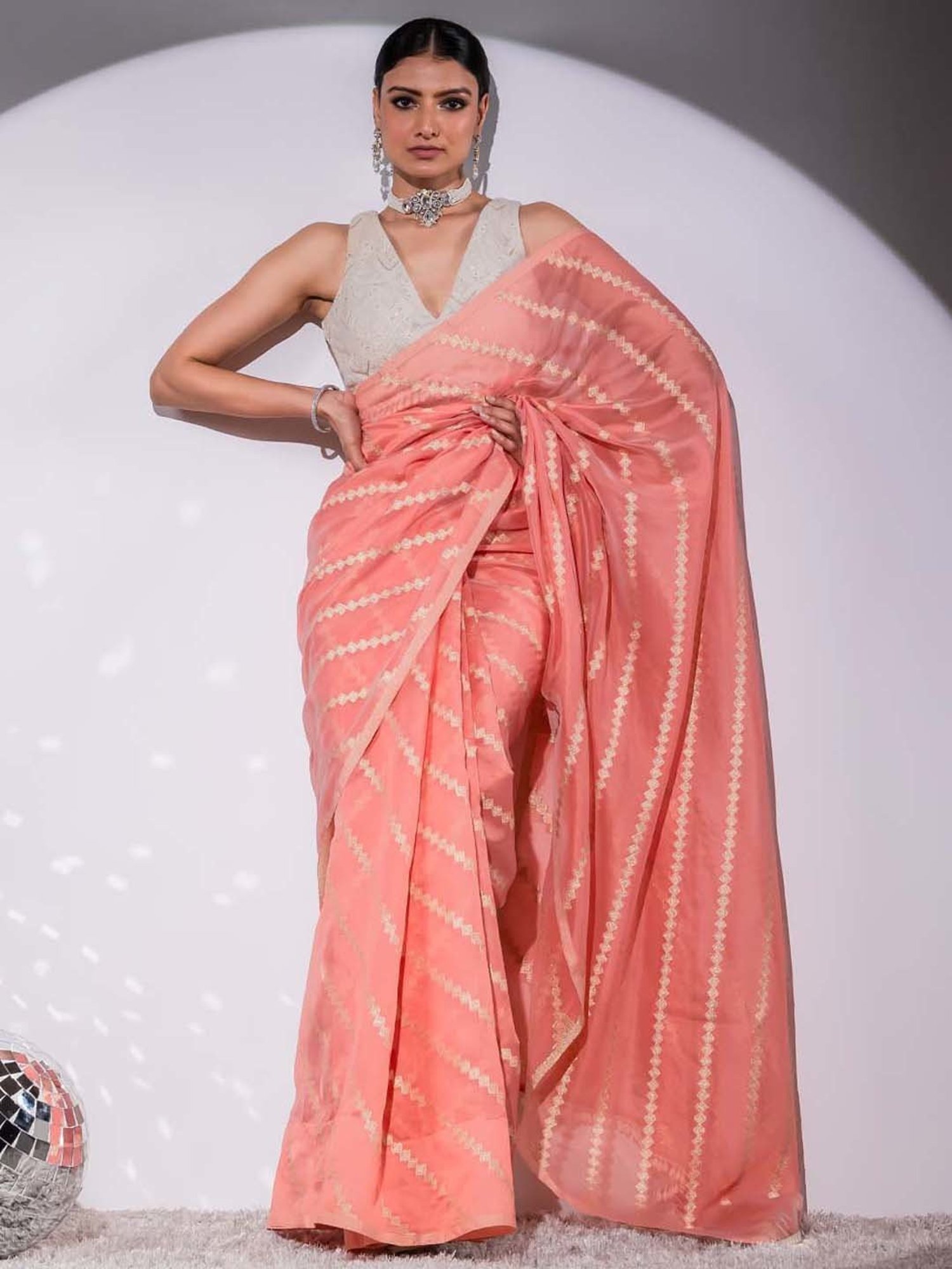 Swtantra Blush Peach Organza Woven Saree With Unstitched Self Blouse