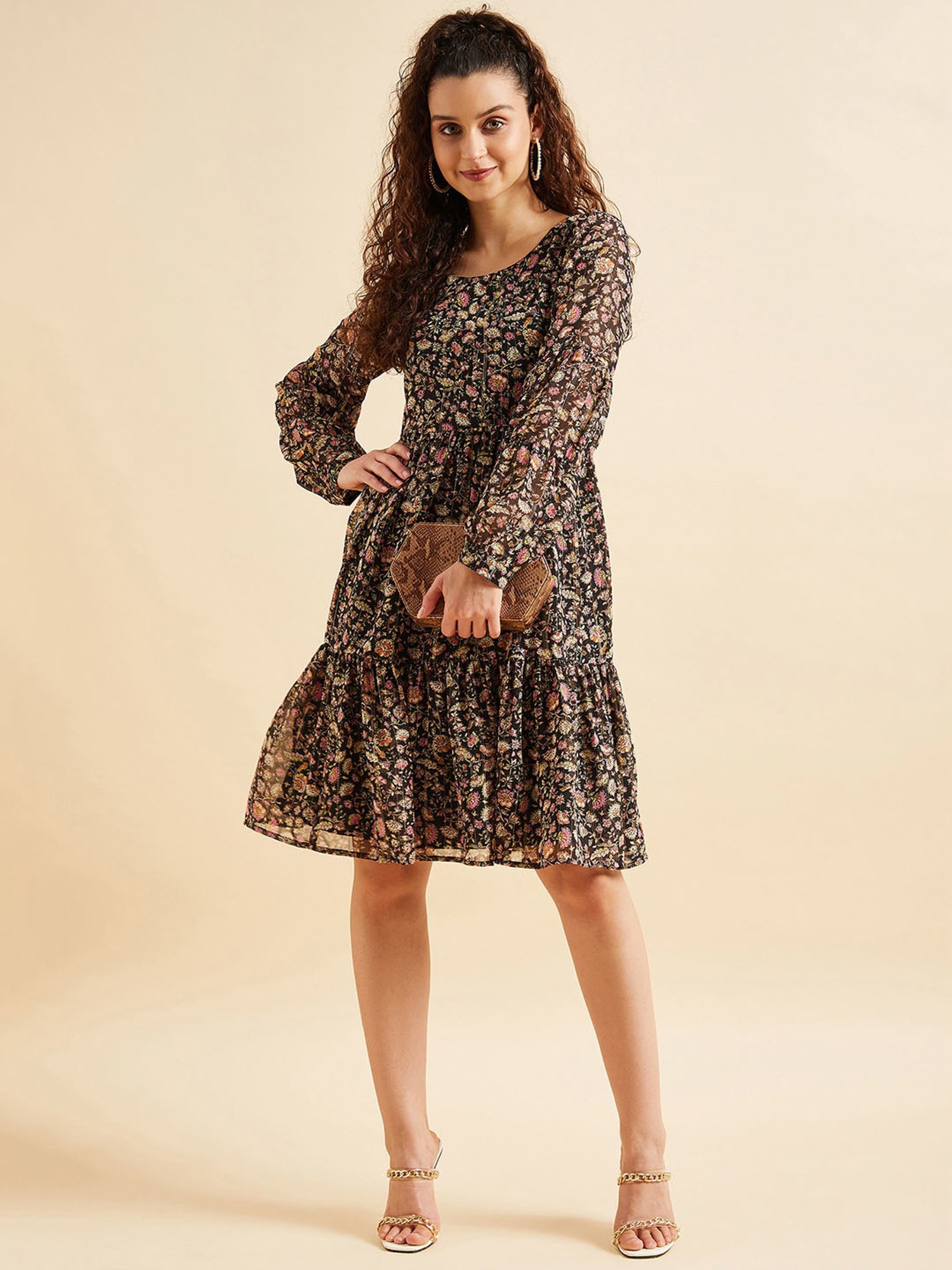 Saffron Threads Black Cotton Floral Print Ethnic Dress