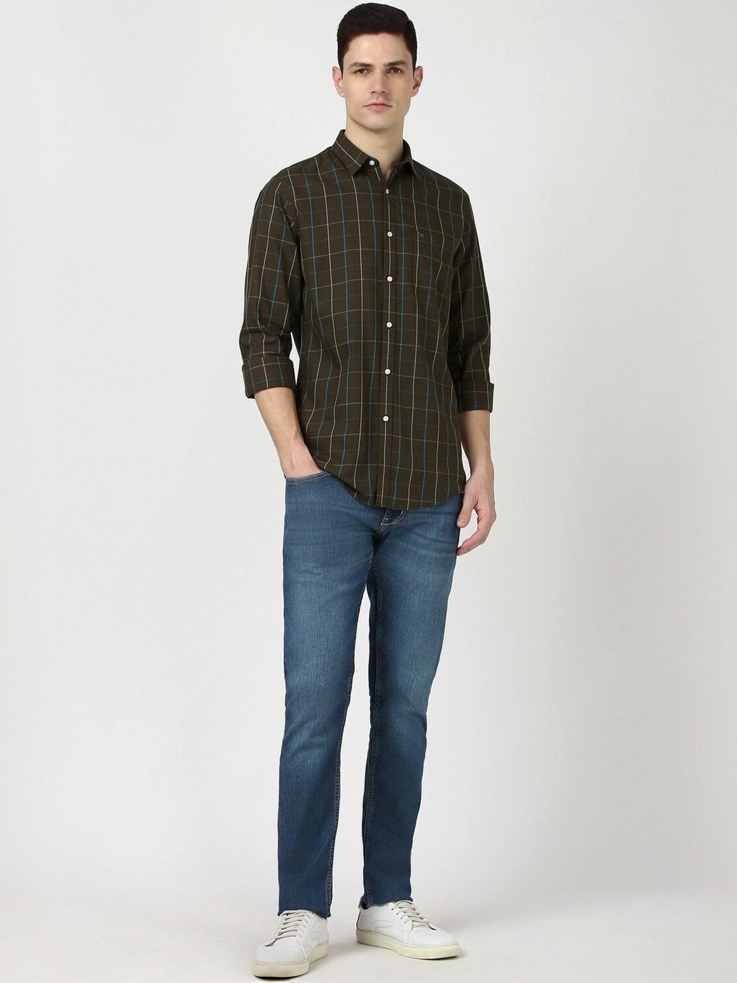 Peter England Brown Cotton Slim Fit Checks Shirt