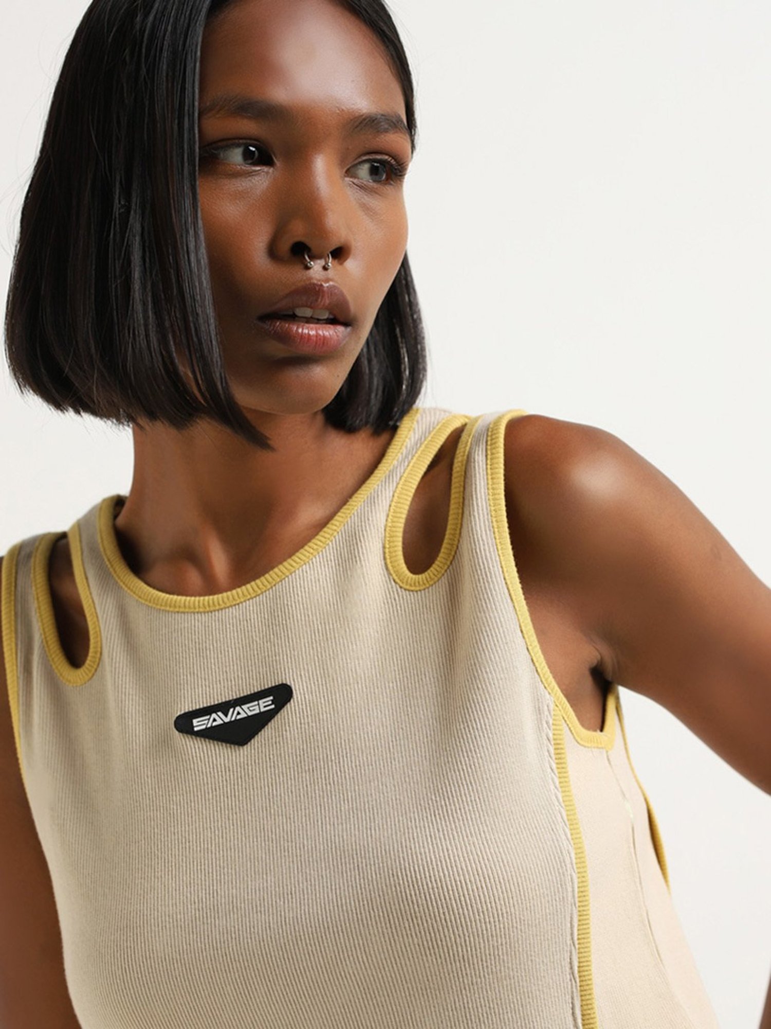 Studiofit by Westside Beige Ribbed T-Shirt