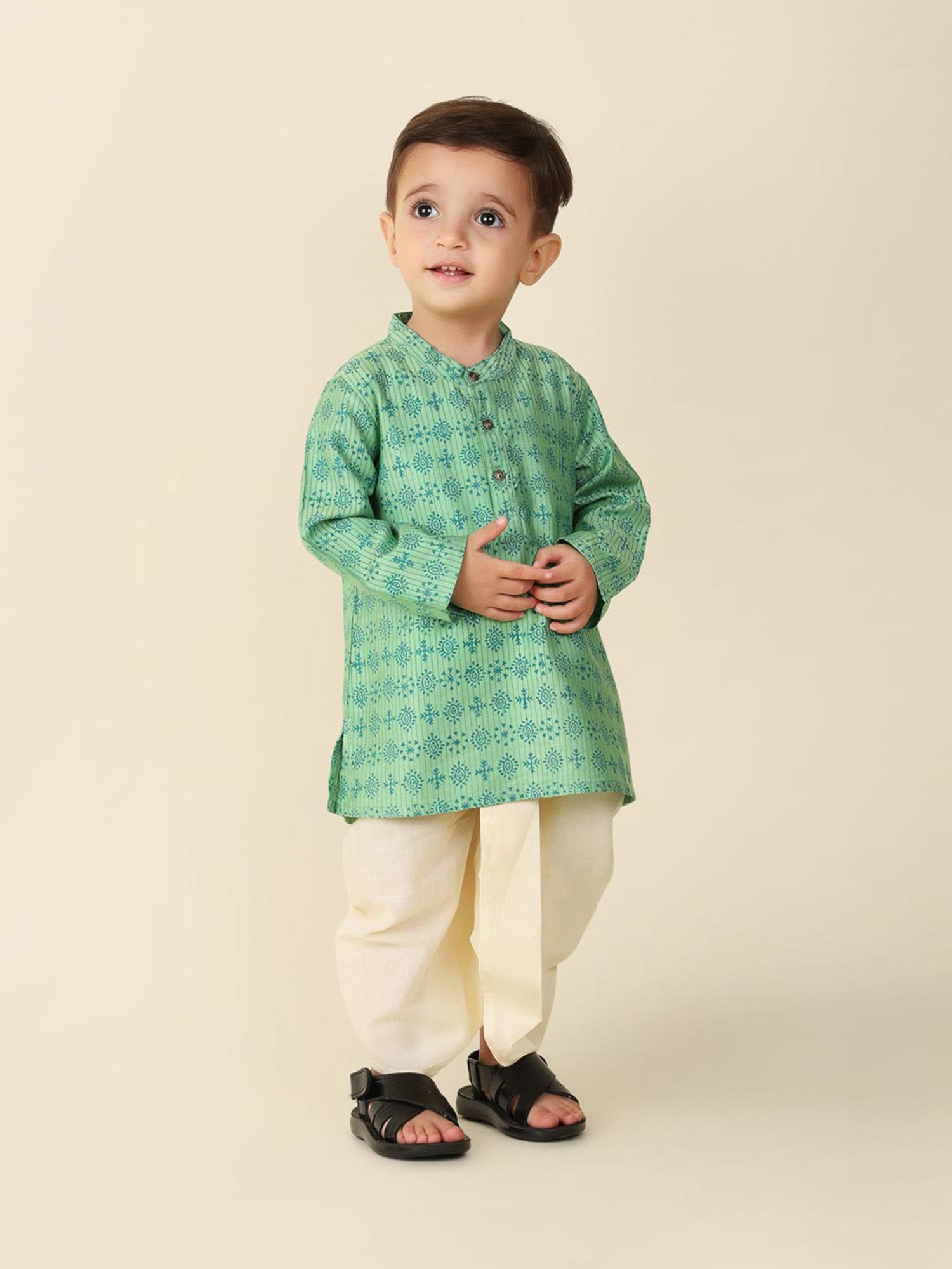 Fabindia Kids Mint Green & Beige Printed Full Sleeves Kurta with Dhoti