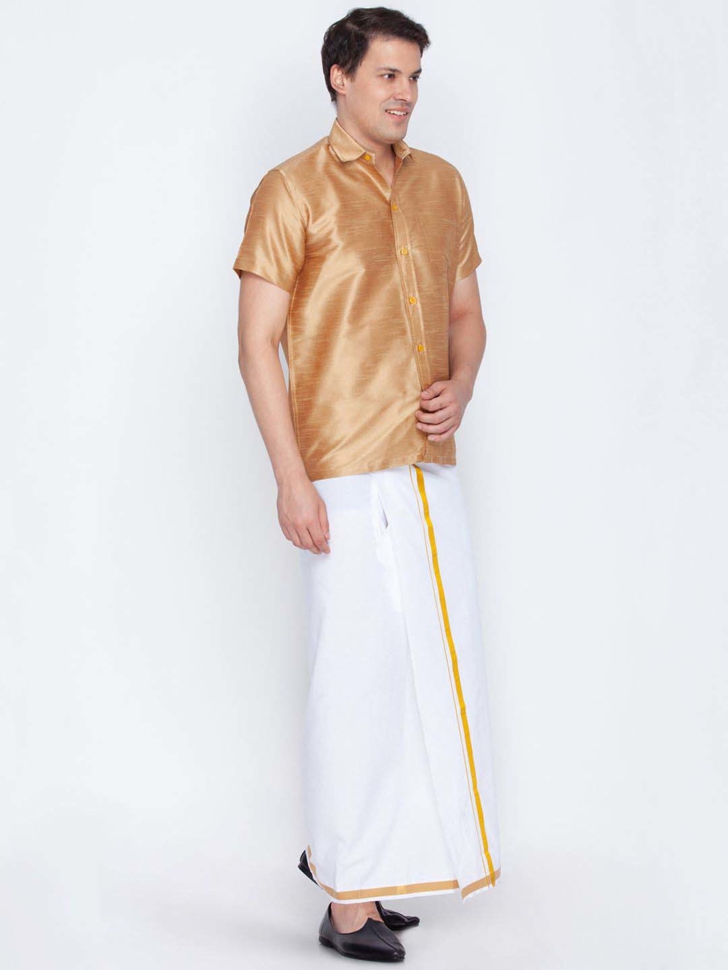 Vastramay Rose Gold & White Regular Fit Ethnic Shirt With Mundu