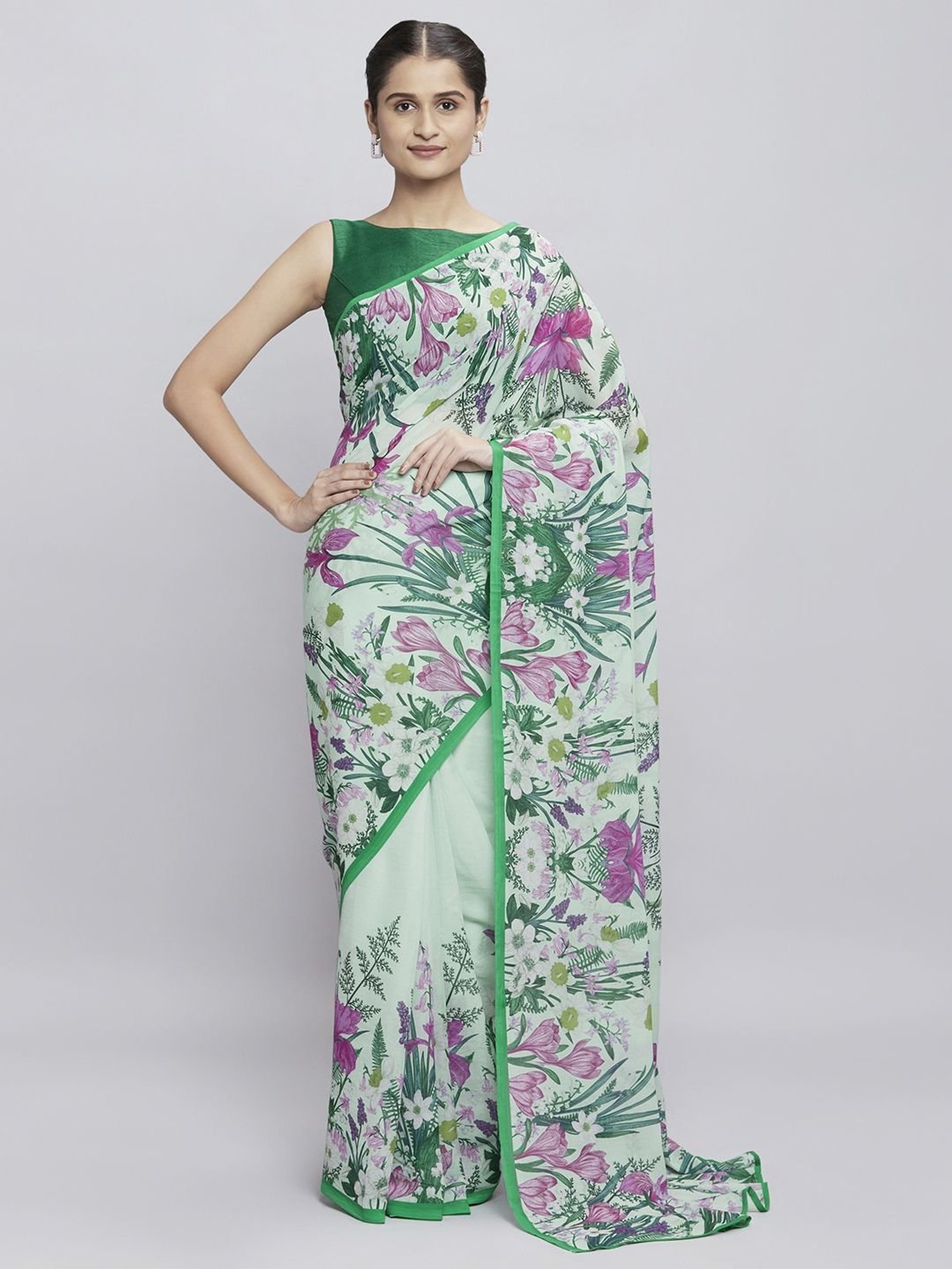 Navyasa Pista Green Liva Georgette Floral Printed Saree With Coordinated Unstitched Blouse Piece