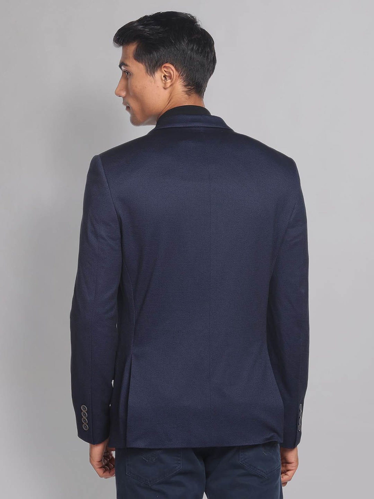AD by Arvind Navy Slim Fit Self Design Blazer