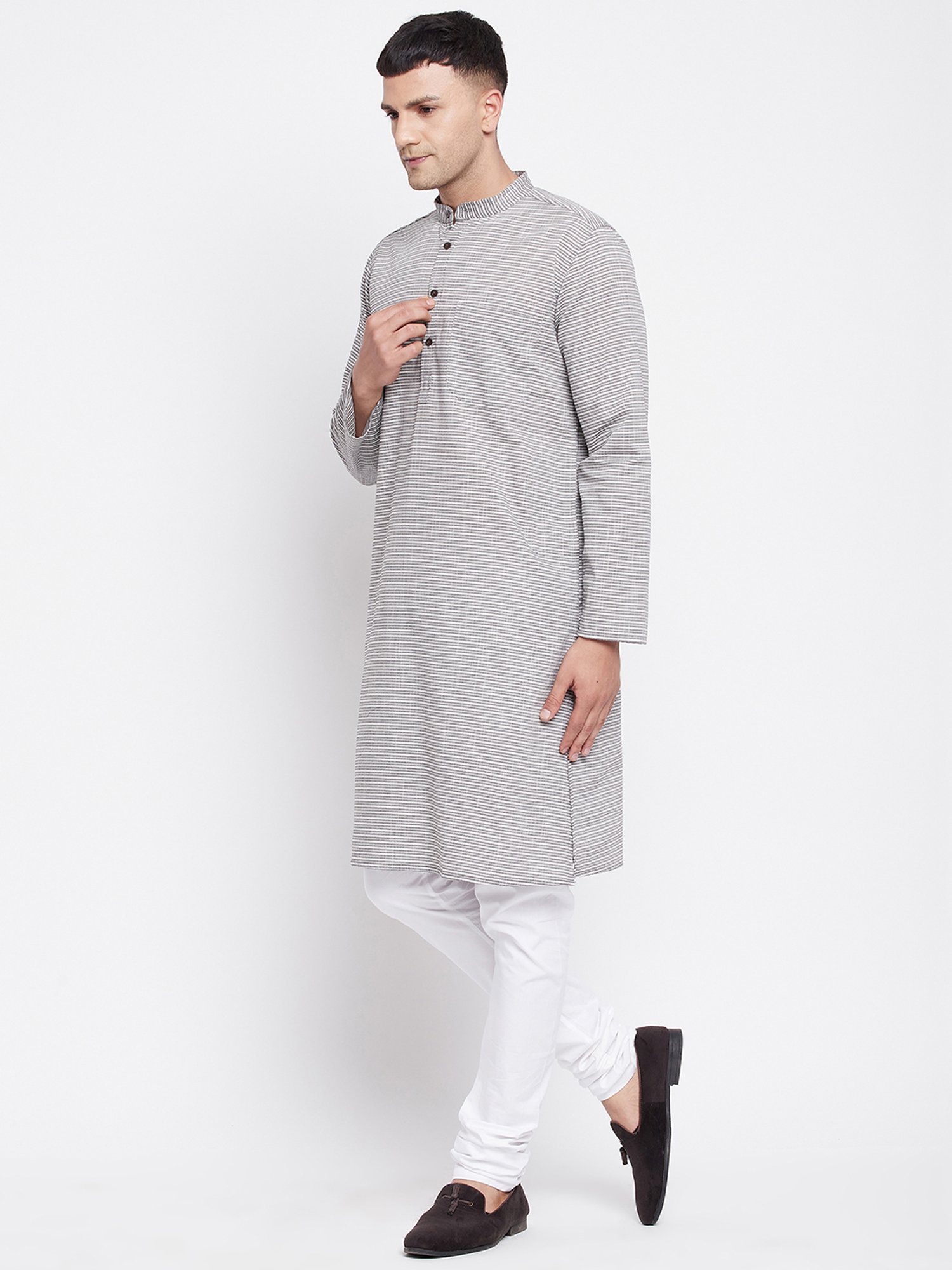 Even Grey Striped Mandarin Collar Kurta