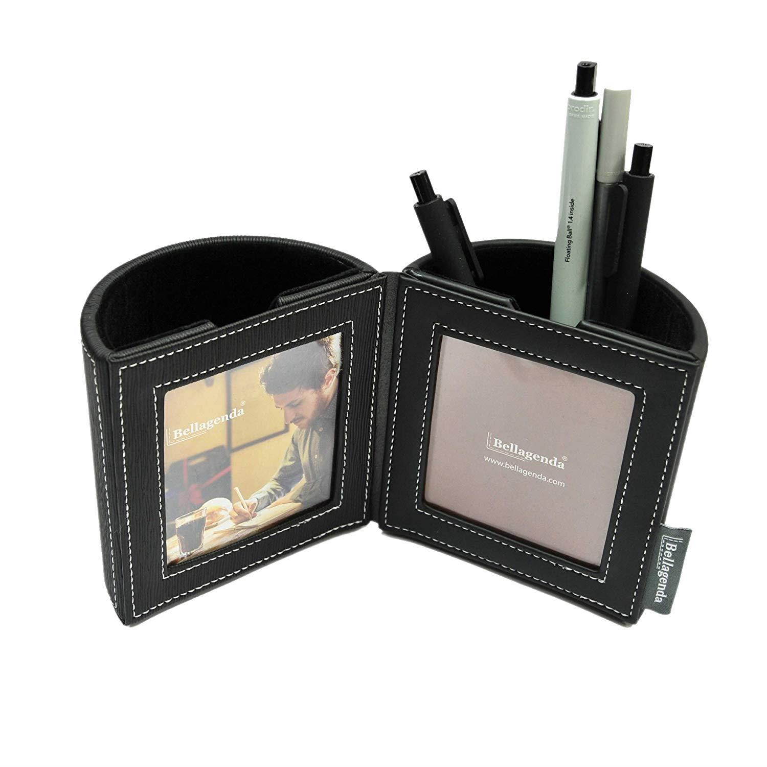 Pen Pencil Holder with Photo Frames | Desk Organizer | Desk Decoration | Multi Function Desk Stationery | Space Saver | 2 Picture Frames | Handicraft | PU Leather & Suede (Black)