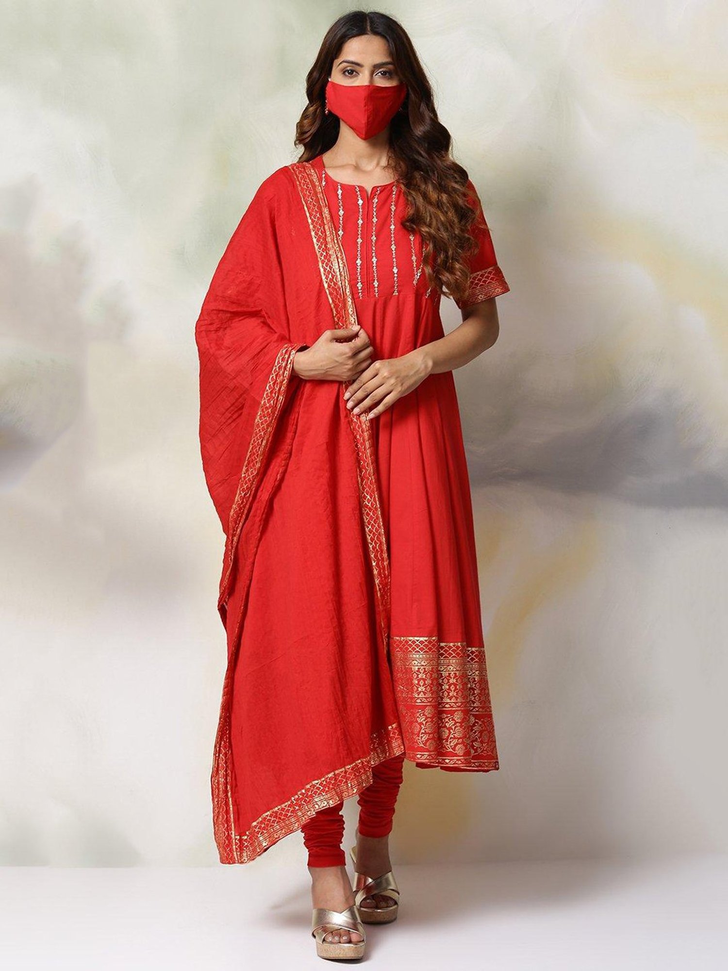 Biba Red Embellished Kurta With Churidar & Dupatta