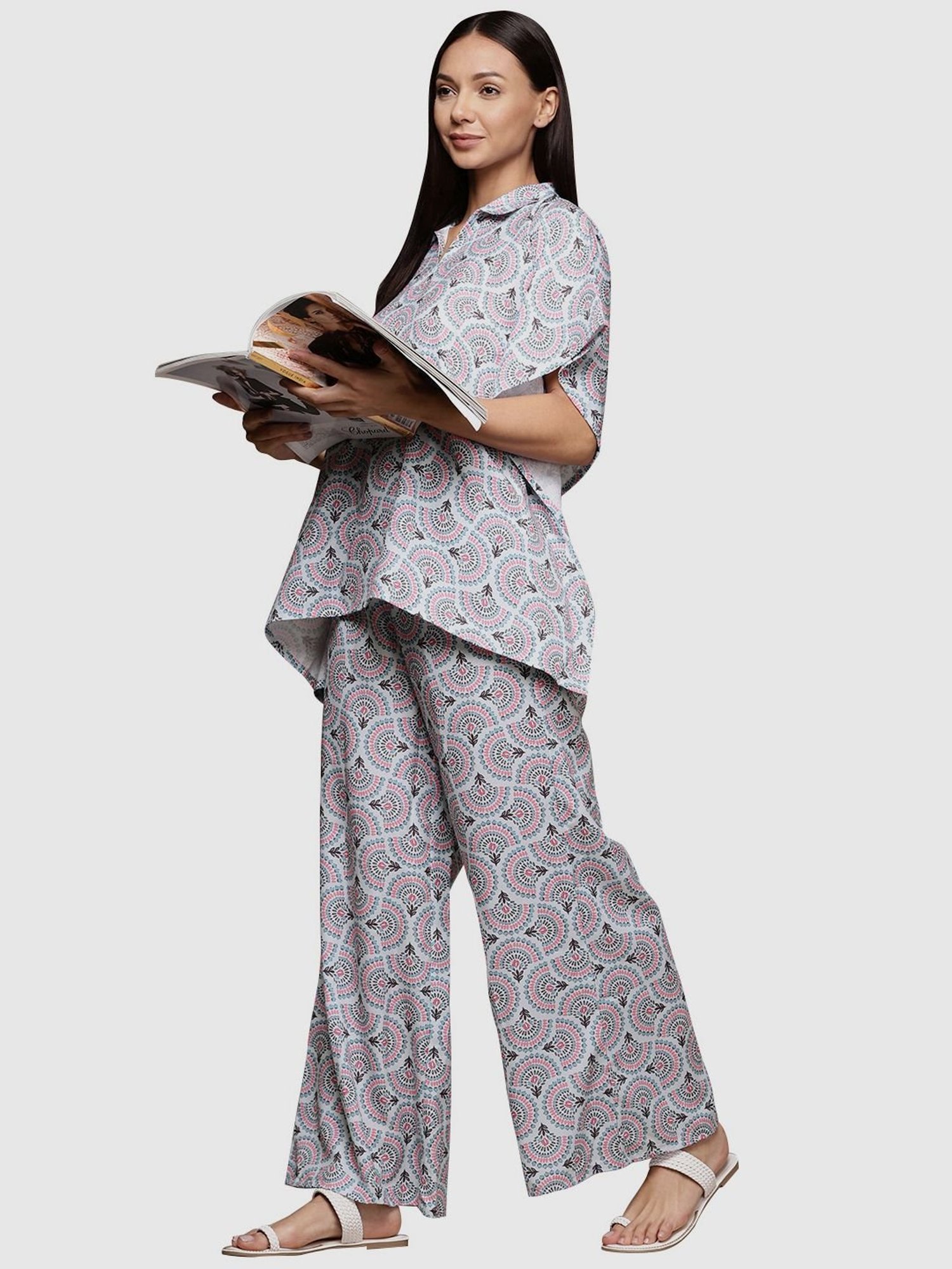 Ziyaa Grey Printed Kaftan Pyjama Set