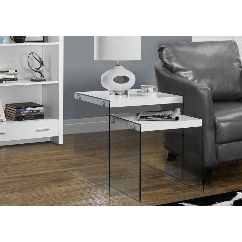 Monarch Specialties Tempered Glass Accent 2-Pc. Nesting End Tables, Glossy White