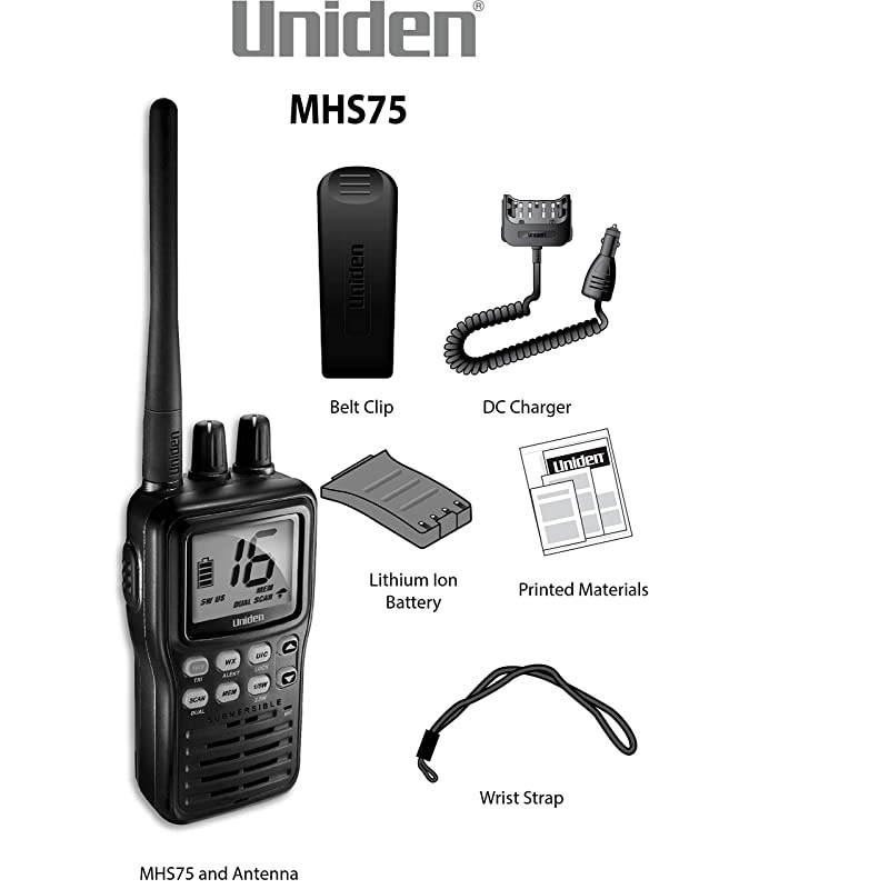 MHS75 Waterproof Handheld 2-Way VHF Marine radio, Submersible, Selectable 1/2.5/5 Watt Transmit Power. All USA/International and Canadian Marine Channels - Color Black