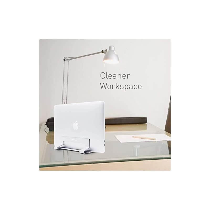 Vertical Laptop Stand for Desk Space Weighted Aluminum Frame with Adjustable Cradle to Fit Any Device 63in to 119in Thick Improve Airflow and Stay Organized Laptop Vertical Stand