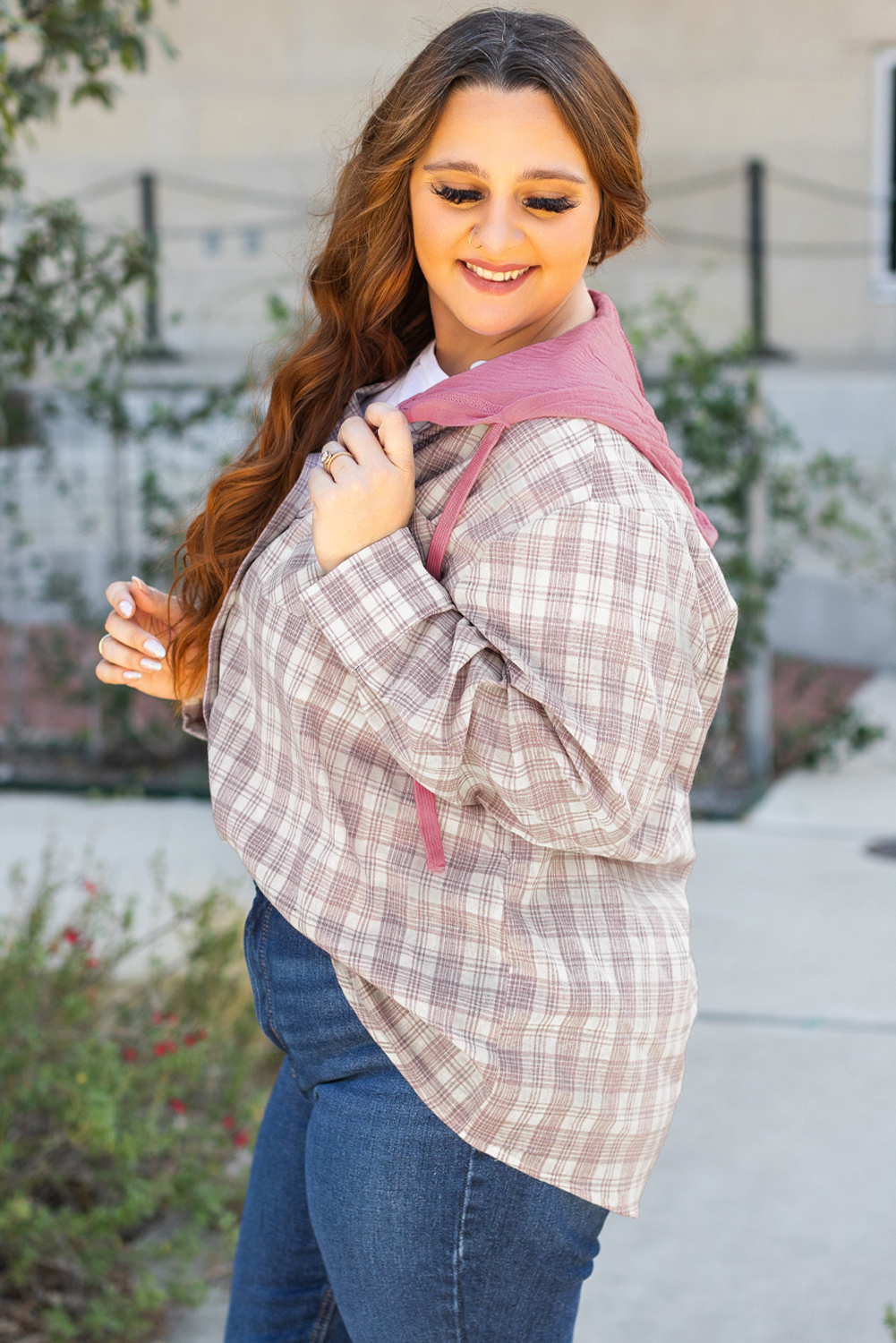 Bonbon Plaid Print Drawstring Hooded Plus Size Shacket