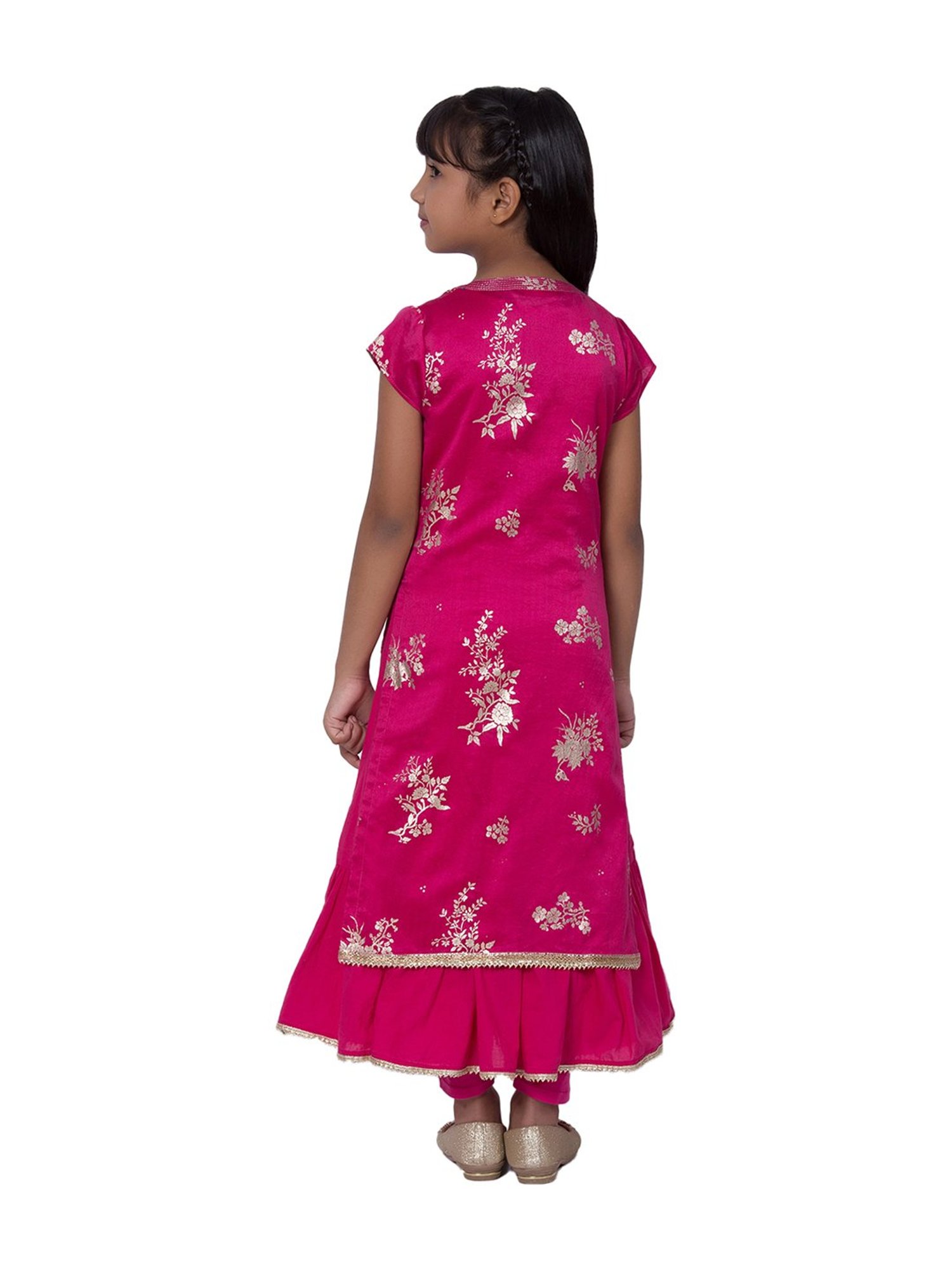 BIBA Girls Pink Printed Anarkali, Inner, Churidar With Dupatta