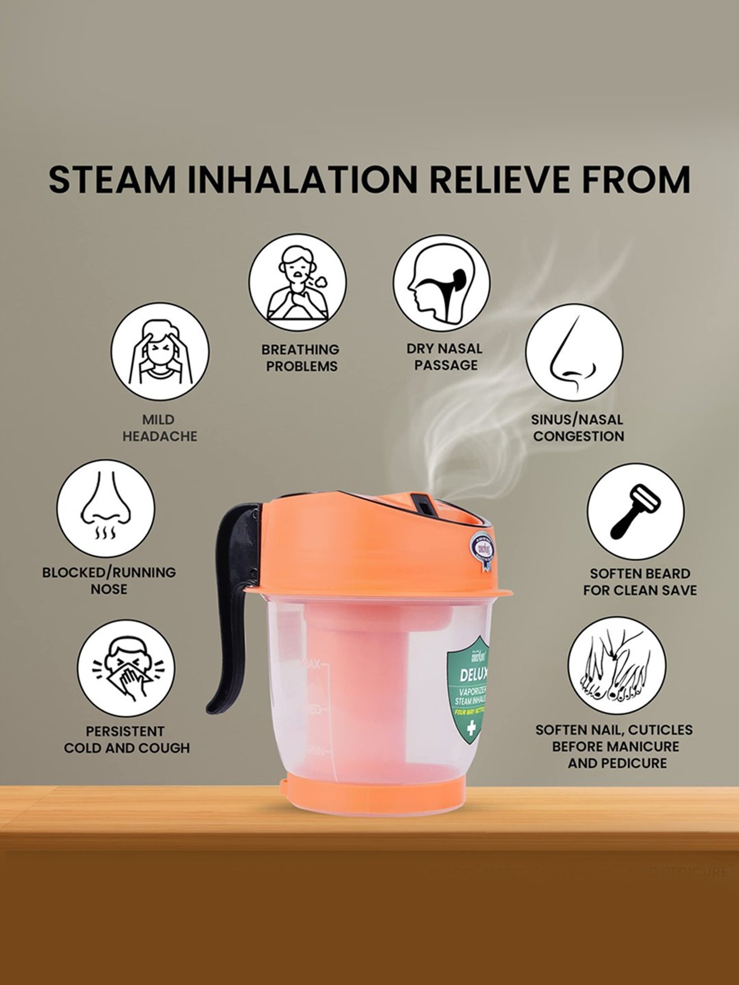 Crescent Delux Facial Steamer Vaporizer for Cold & Cough, Separate Water Storage Container (Orange)