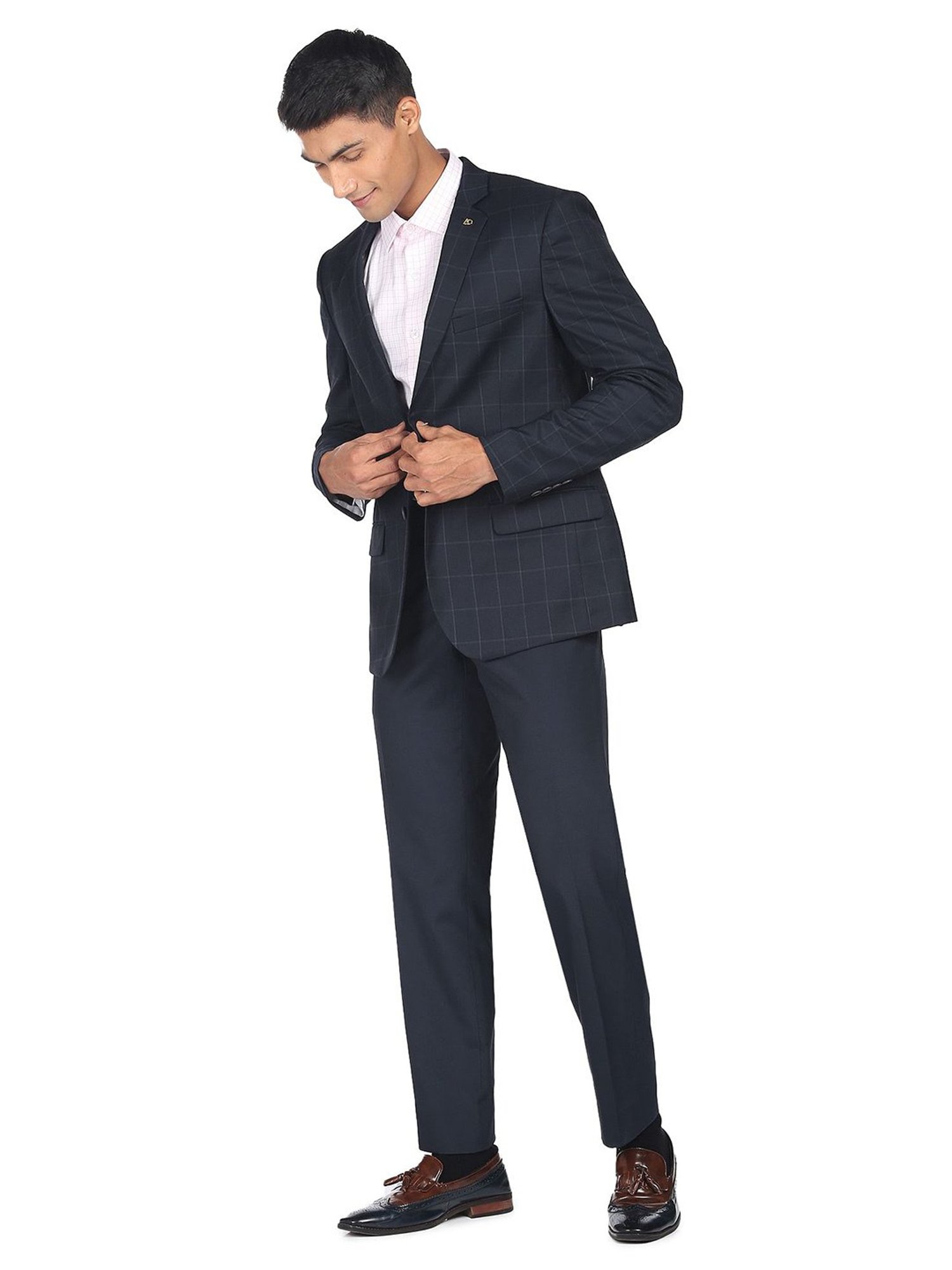 AD by Arvind Navy Regular Fit Notch Lapel Check Blazer