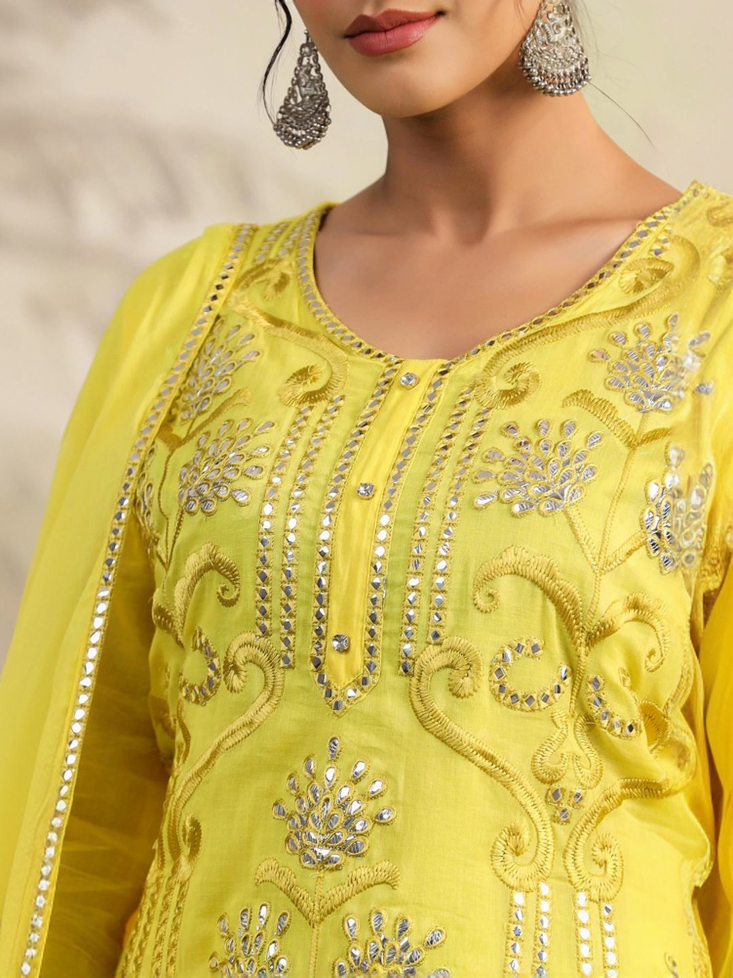 SCAKHI Royal Yellow Cotton Embroidered Kurti Sharara Set With Dupatta