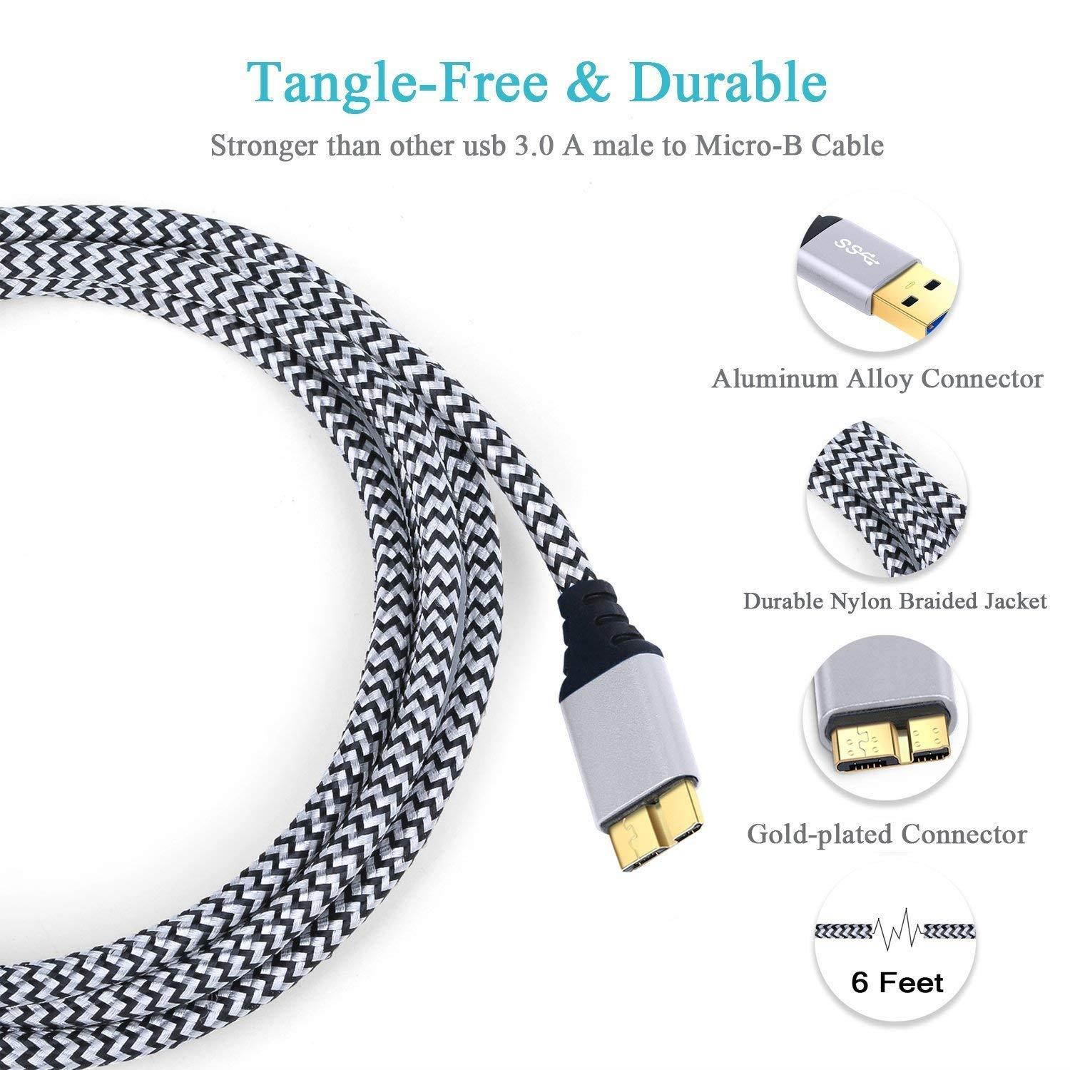 Galaxy S5/Note 3 Charger, Besgoods 2-Pack 6ft Braided USB 3.0 Type A to Micro-B Data Cable for External Hard Drive, Samsung Galaxy S5, Note 3, Tab Pro 12.2, Blue White