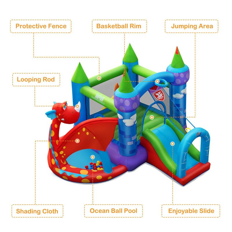 Costway Kids Inflatable Bounce House Dragon Jumping Slide Bouncer Castle W/ 750W Blower