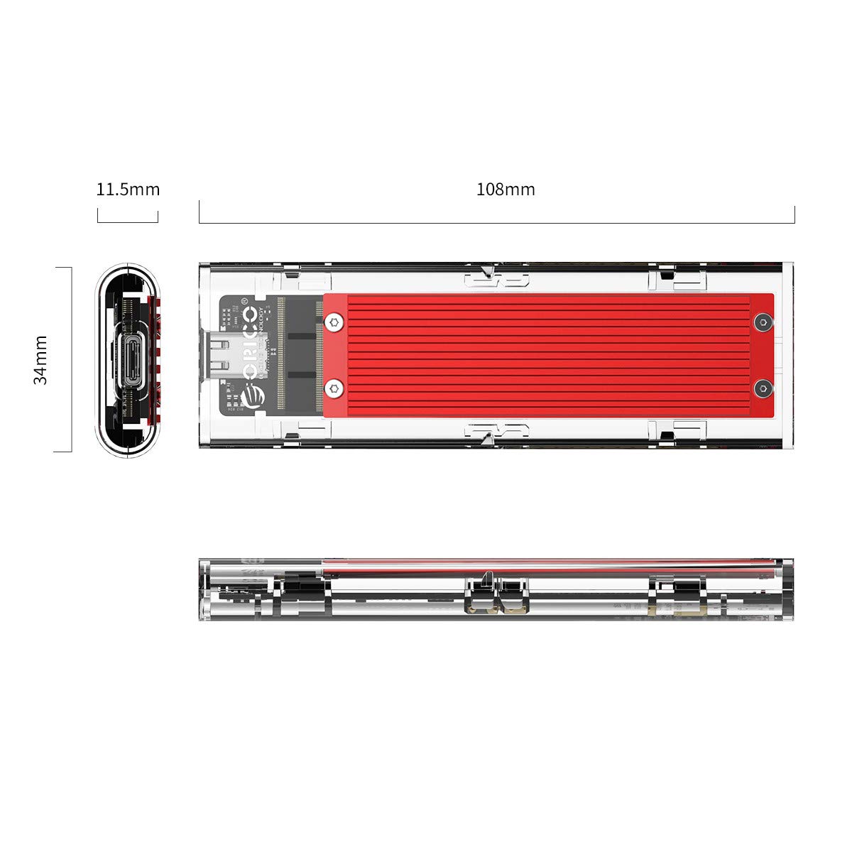 Jansicotek  NVME SSD Enclosure, M.2 NVME to USB C USB 3.1 Adapter with Case, Tool-Free USB3.1 Type-C Gen2 10Gbps to M.2 SSD Enclosure, Fit for 2230/2242/2260/2280 PCIe NVMe M-Key SSD -Red