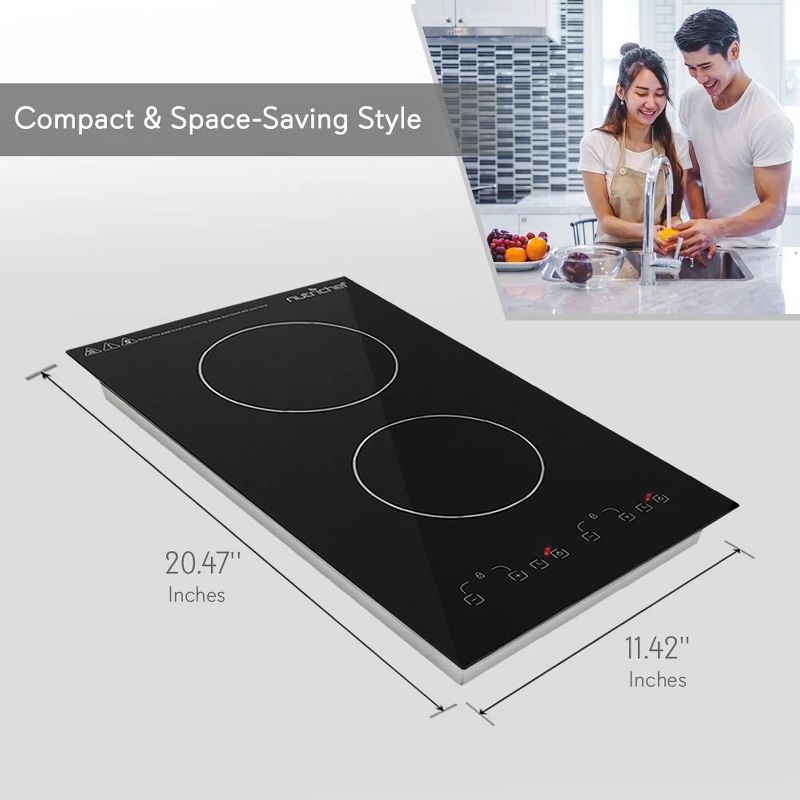 NutriChef 1800 Watt Adjustable Temperature Electric Dual Induction Double Countertop Cooktop Burner with Digital Controls and Countdown Timer, Black