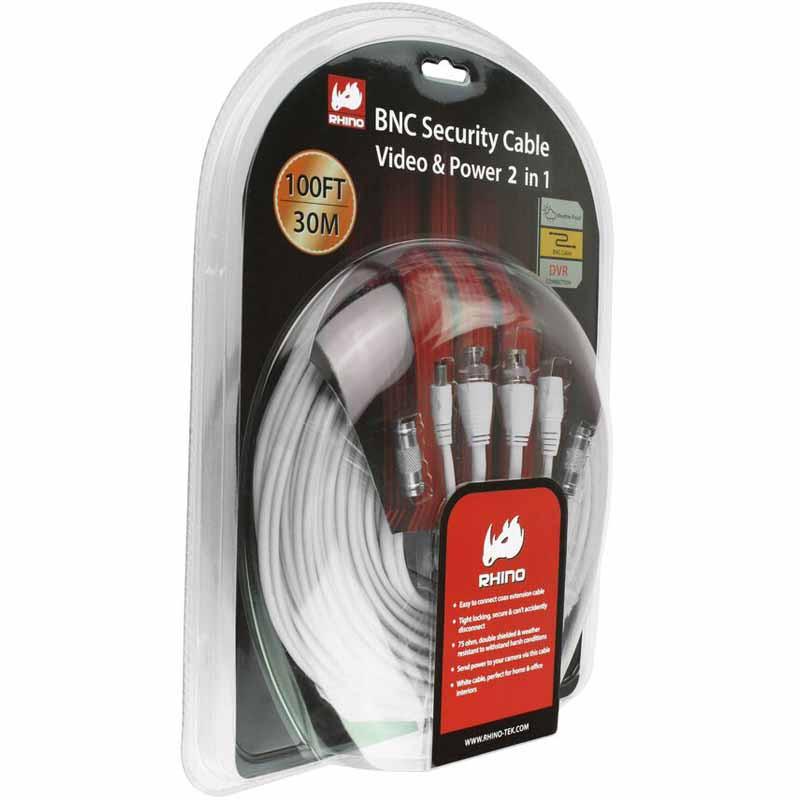 RHINO 100FT BNC 2in1 Cable Video/Power CCTV DVR Security Camera Device White