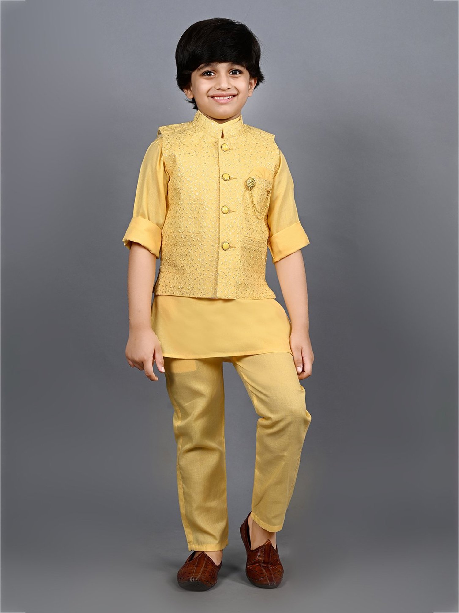 Ahhaaaa Kids Yellow Embellished Full Sleeves Sherwani, Jacket & Pyjamas