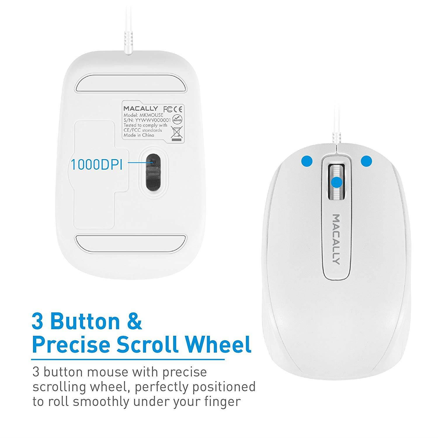 Macally USB Wired Computer Mouse with 3 Button, Scroll Wheel, 5 Foot Long Cored, Compatible with Windows PC, Apple MacBook Pro/Air, iMac, Mac Mini, Laptops