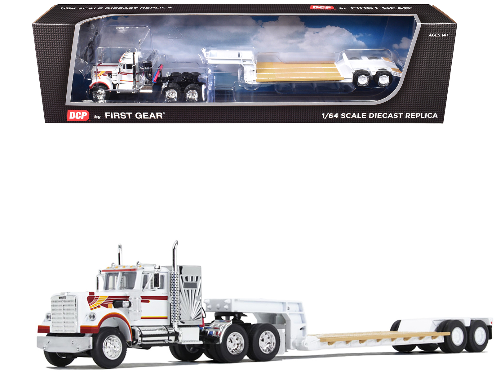 White Western Star 4900 with 36" Vintage Flat Top Sleeper and Wilson 40' Vintage Refridgerated Trailer Red and White with Stripes 1/64 Diecast Model by DCP/First Gear