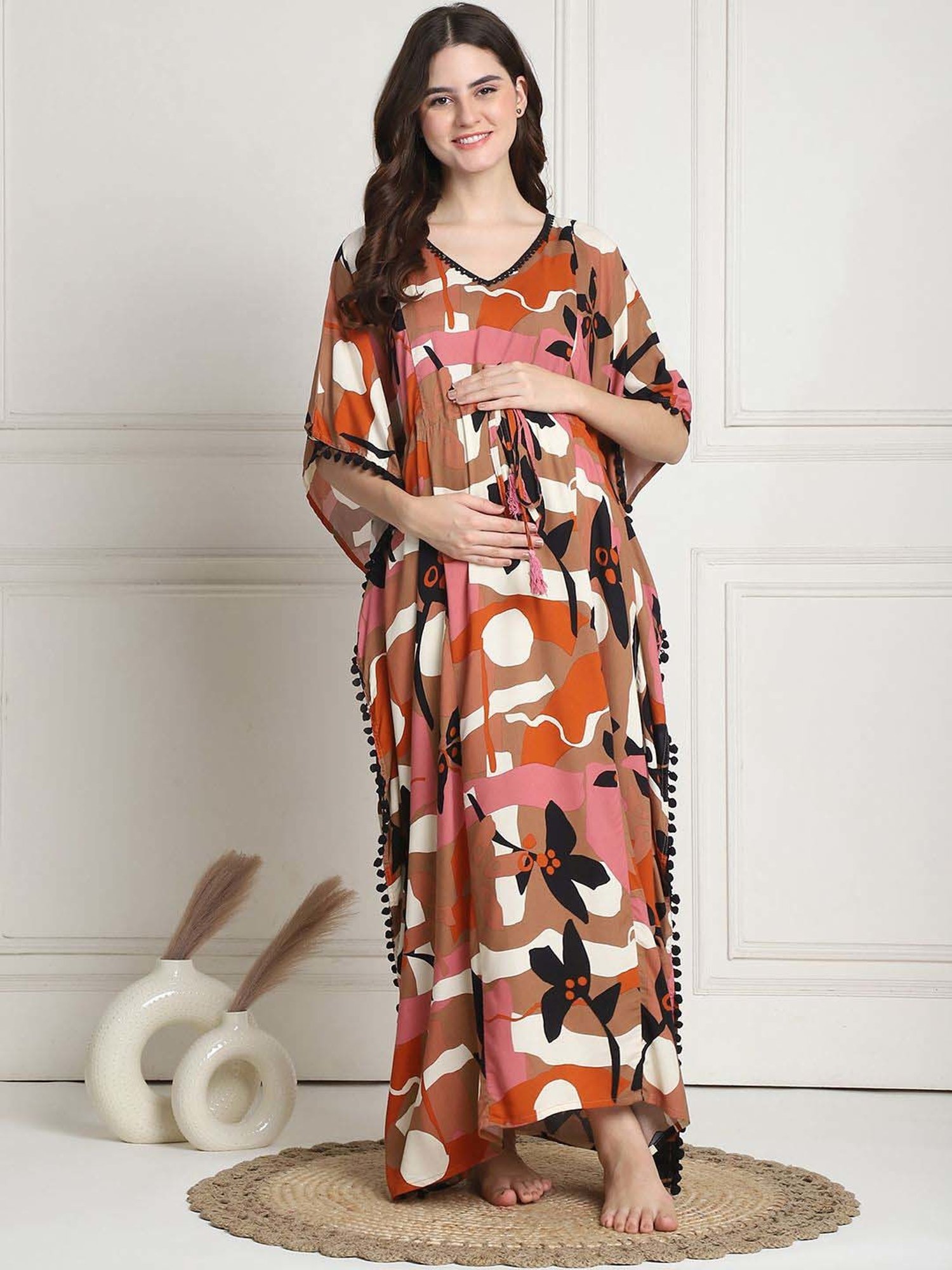 Secret Wish Brown Printed Maternity Kaftan