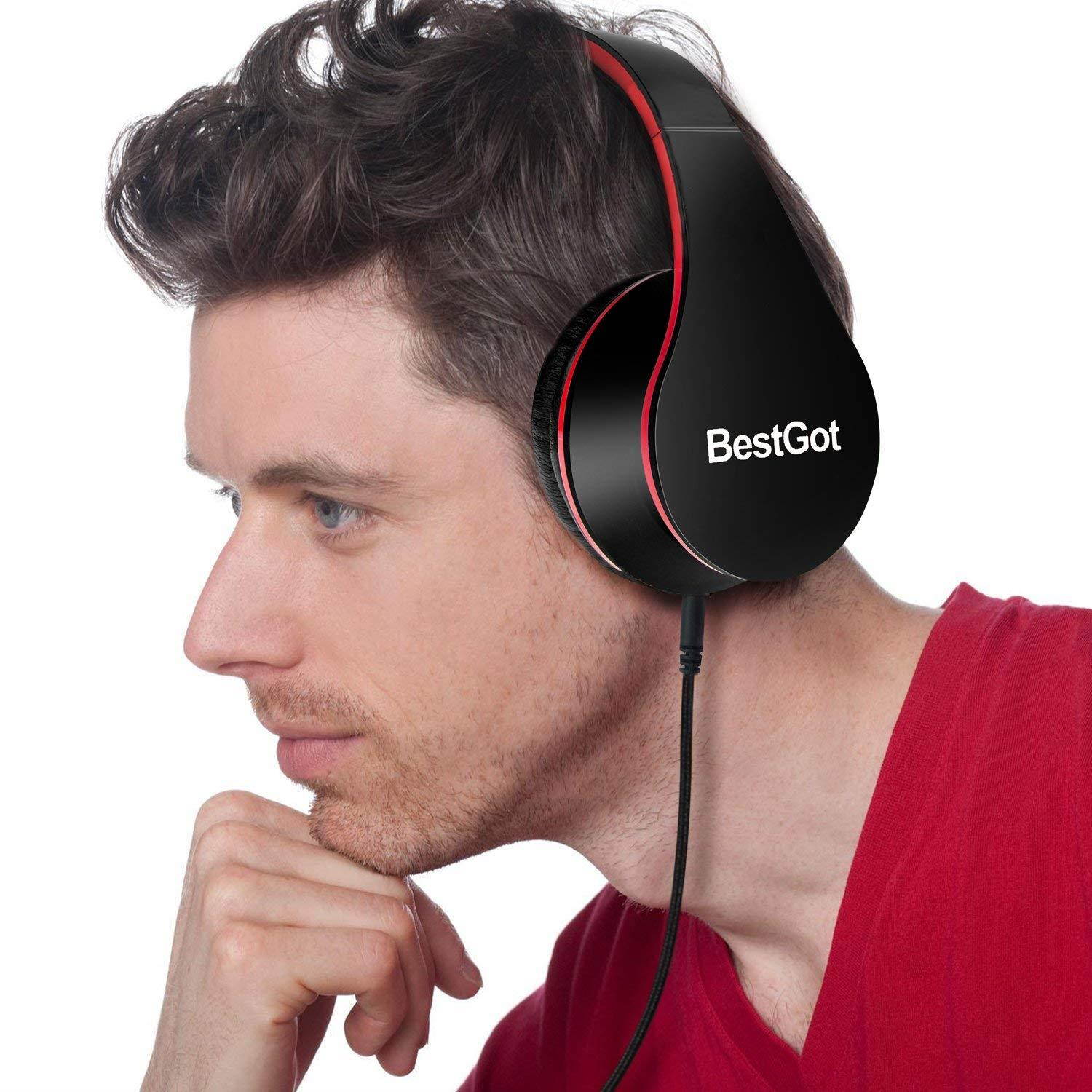 BestGot Headphones for Kids Boys Over Ear Kids Headphones with Microphone in-line Volume with Cloth Bag Foldable Headphones with 3.5mm Plug Removable Cord (Black/Red)