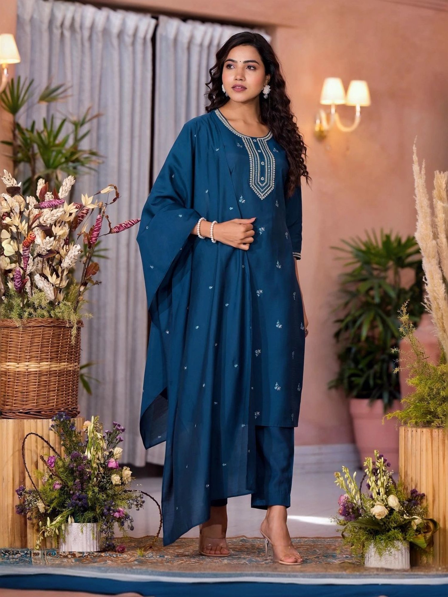 Juniper Blue Embroidered Kurta Pant Set With Dupatta