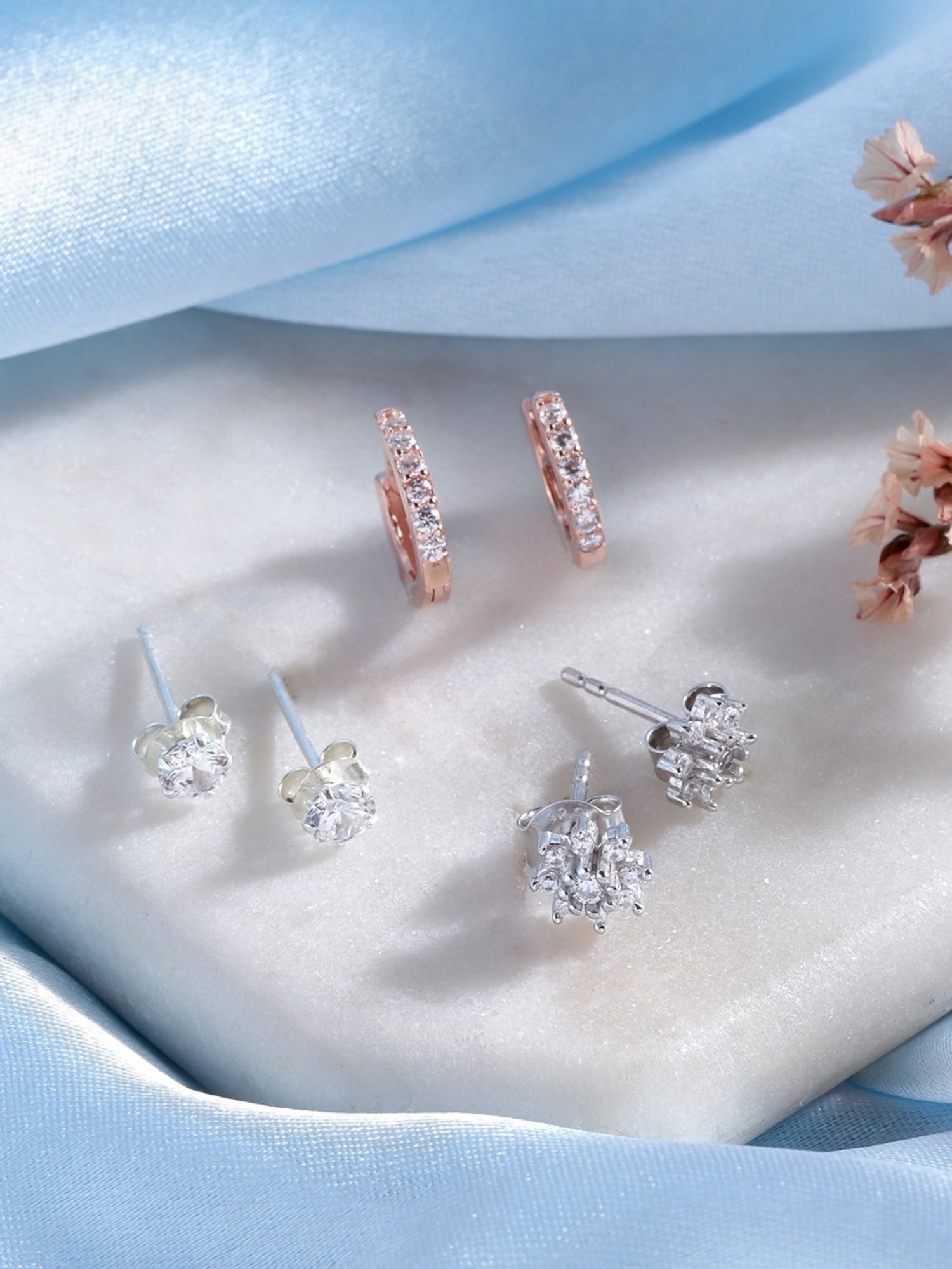 Zavya Triple-CZ 92.5 Sterling Silver Stud & Hoop - Set of 3