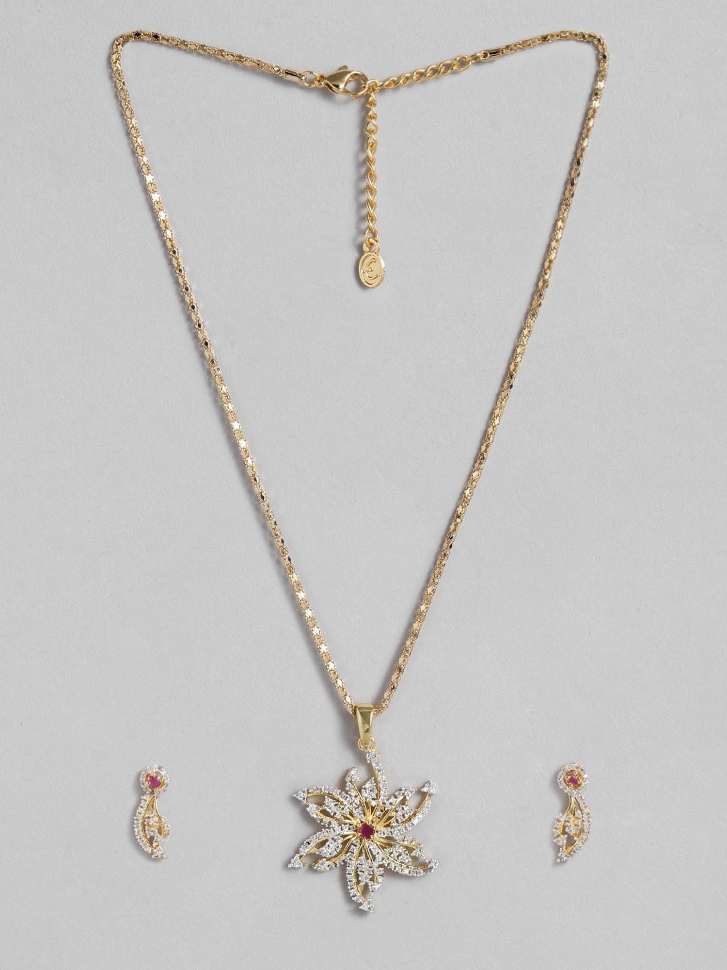 Estele Gold-Plated Pink & White CZ Daisy Flower Pendant Set for Women