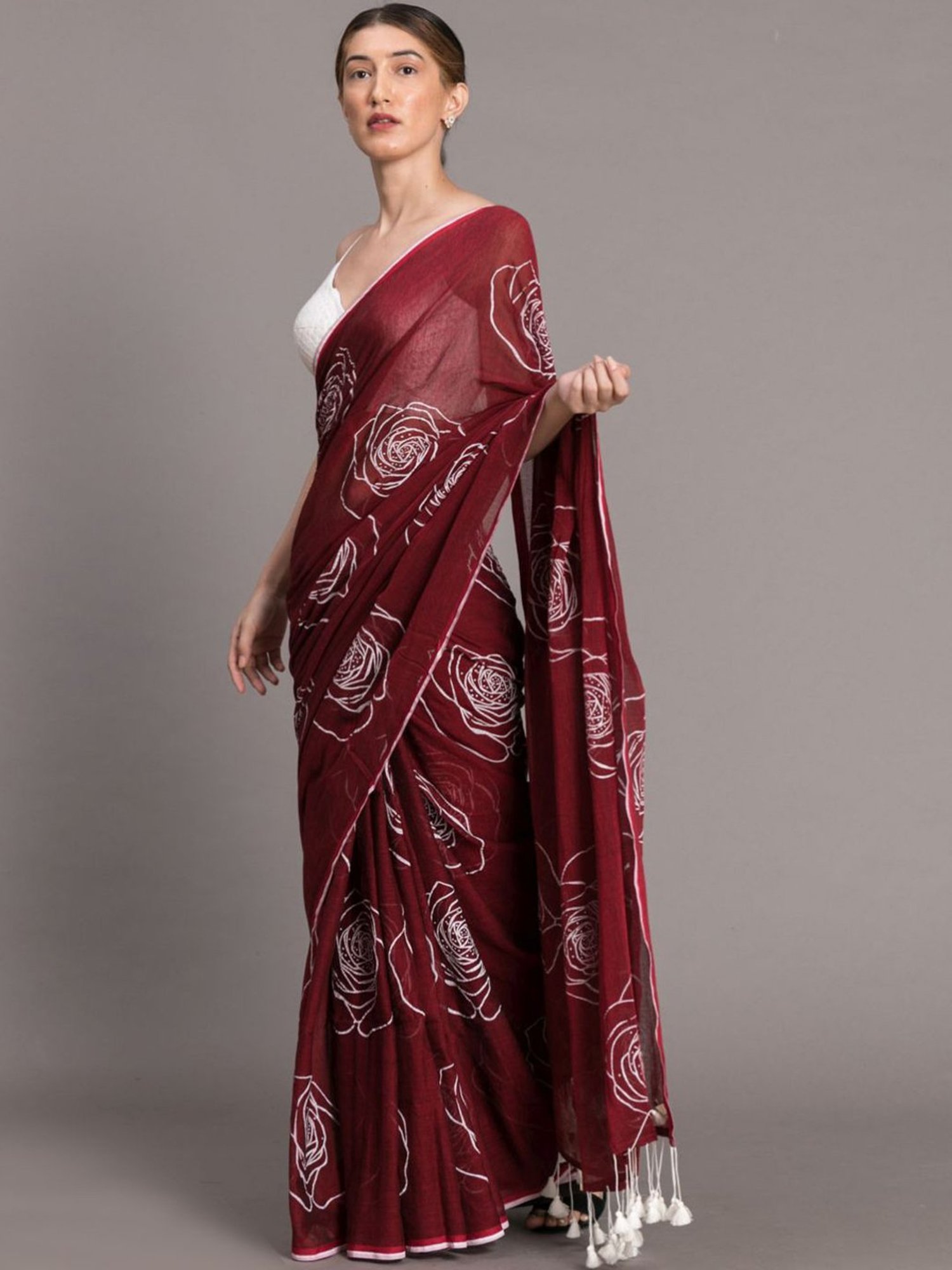 Suta Maroon Cotton Printed Saree Without Blouse