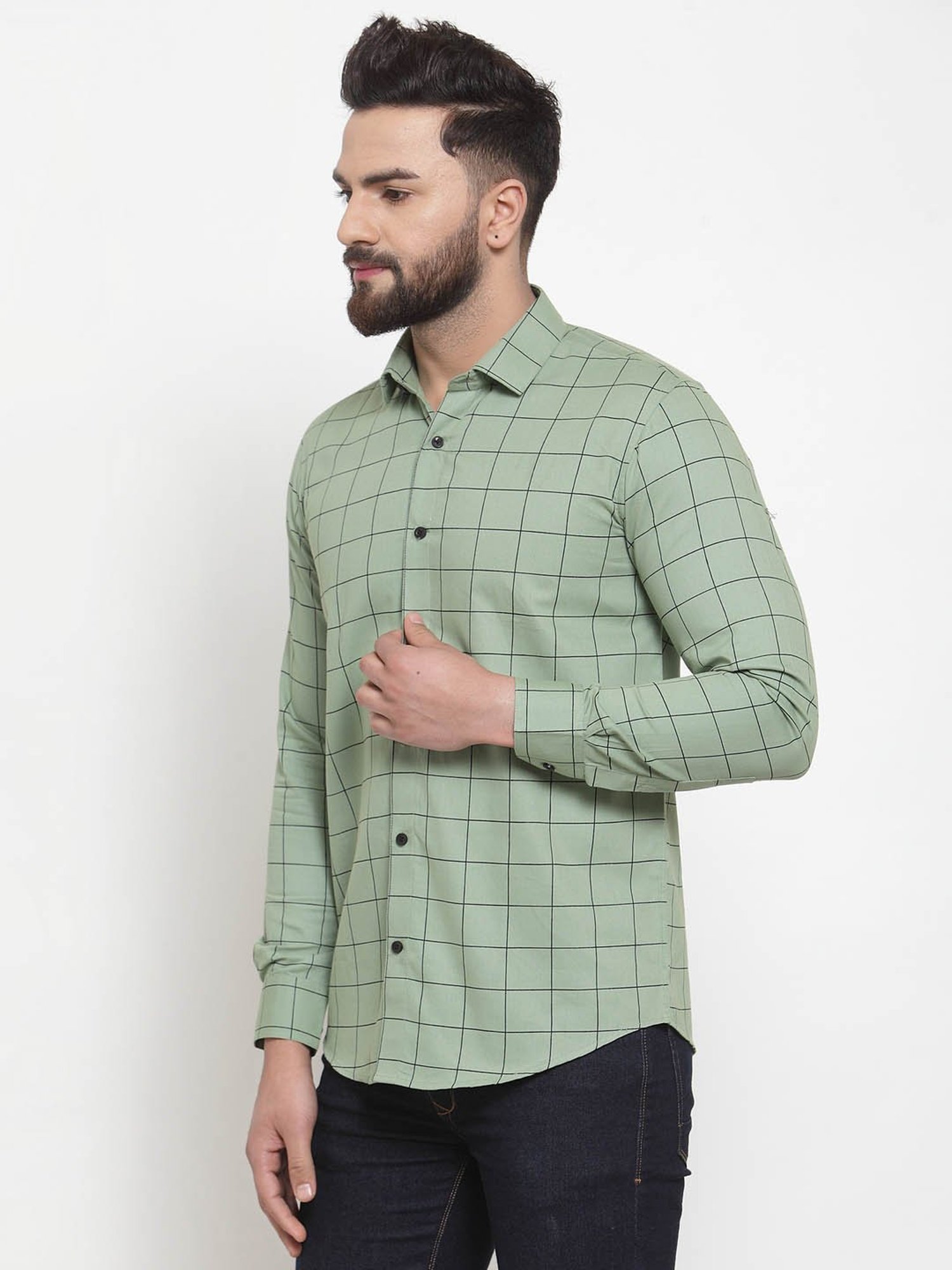 Jainish Pista Green Regular Fit Check Shirt