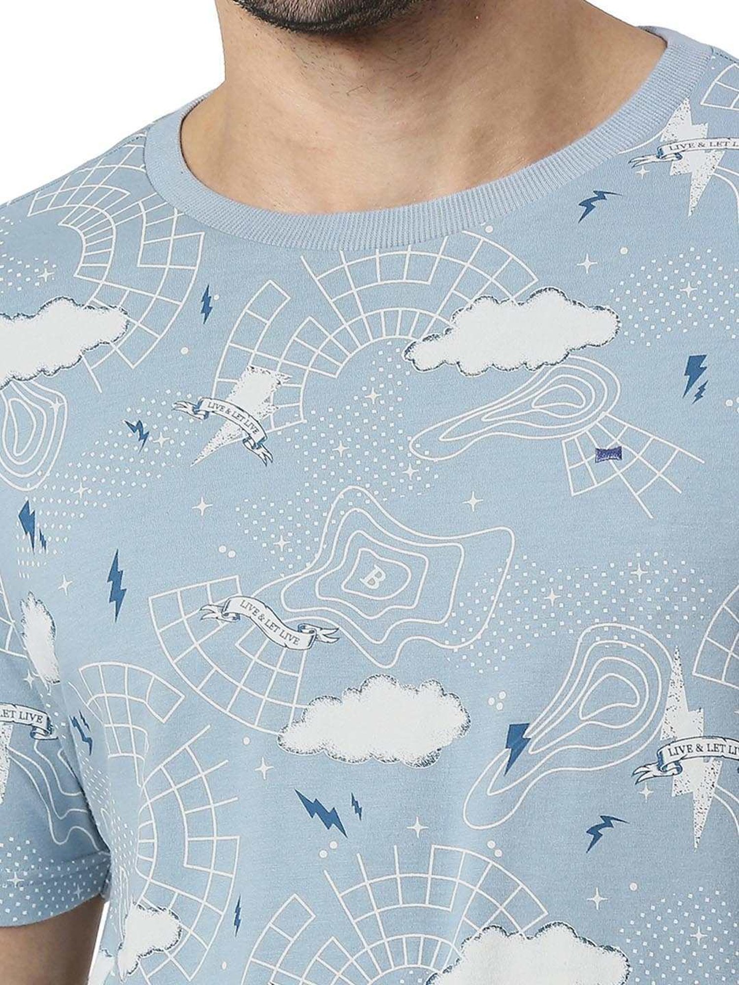 Basics Mid Blue  Slim Fit Printed T-Shirt