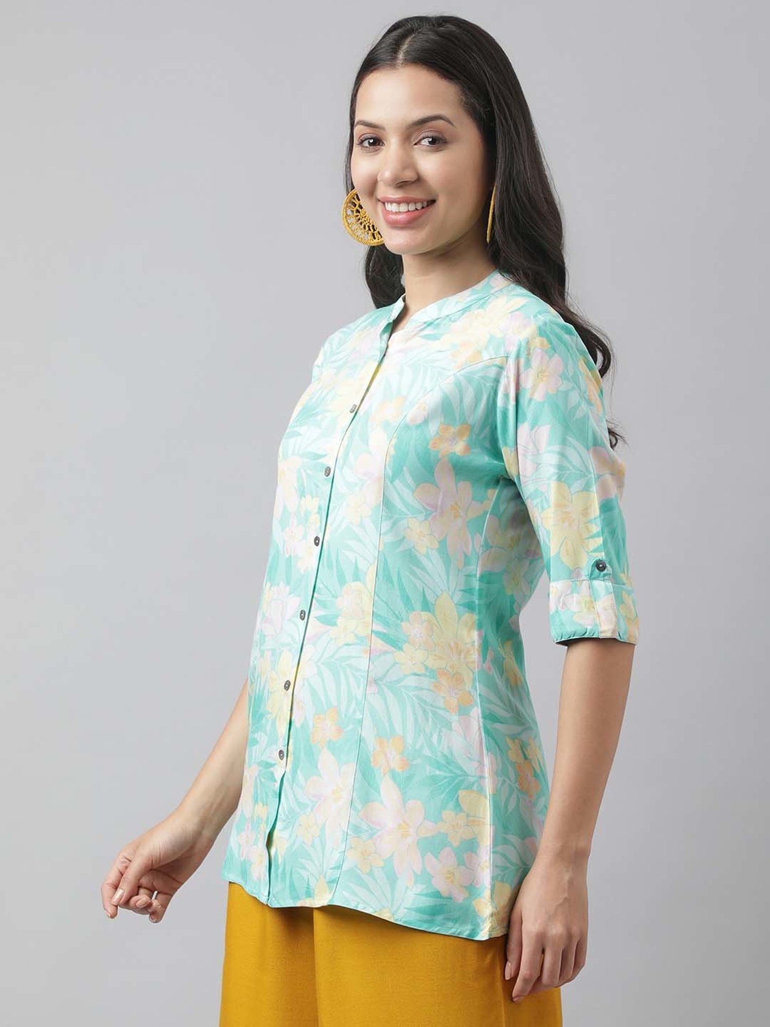 Divena Turquoise Cotton Floral Print Tunic