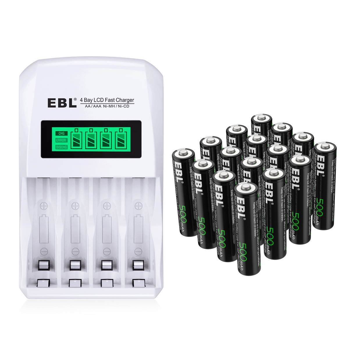 EBL 8 Pcs 500mAh 1.2V AAA Battery for TV Remotes + LCD Smart Individual 907 Battery Charger for AA AAA Ni-MH Ni-CD Rechargeable Batteries